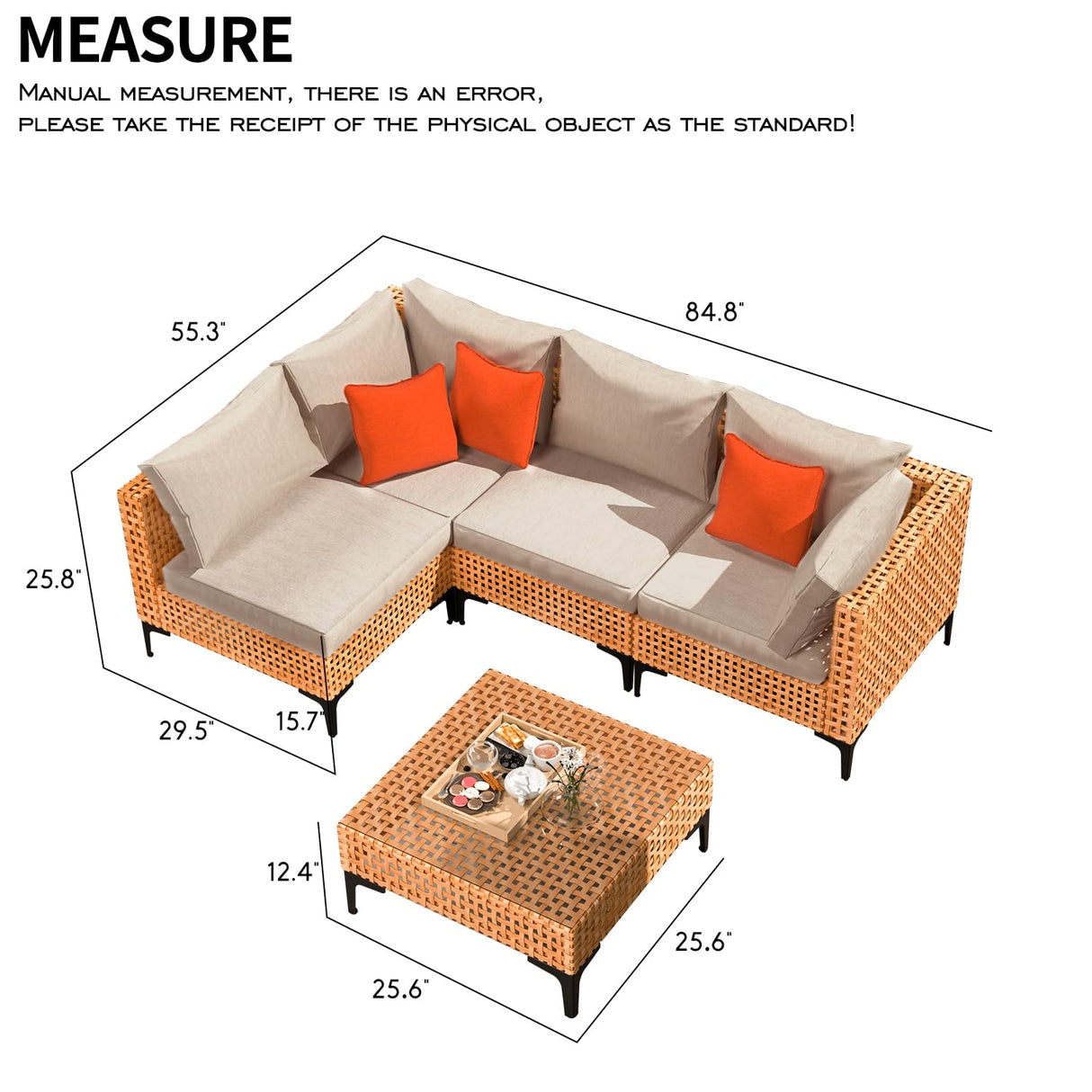 ARTBUSKE 5 Piece Patio Furniture Set Modular Outdoor Furniture Set Wicker Sectional Patio Sofa with Table Cushions Patio Set for Balcony Porch Deck Yard (Salmon&Orange Wicker, Sand Cushion) ARTBUSKE