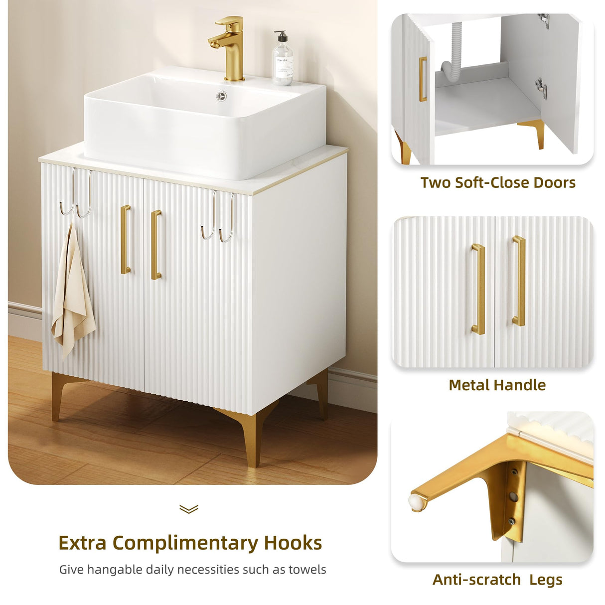 DWVO Bathroom Vanity 24 Inch with Counter Top Sink Combo, Modern Bathroom Storage Vanity Cabinet Set Included 2 Large Soft Closing Doors, Drain, Gold Handles & Legs, White DWVO