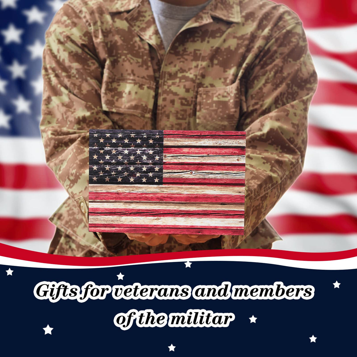 Sintuff Patriotic Wooden American Flag Box Sign 4th of July Wood Block Patriotic Wall Art US Flag Tiered Tray Decorations for Memorial Veterans Day Tabletop Decorations, 7 x 4.7 x 1.6 Inch(Classic) Sintuff