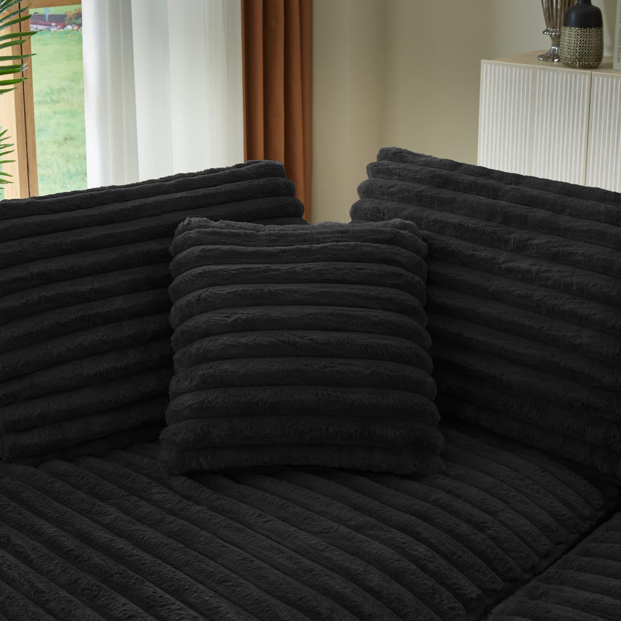 Tabaray 120.9'' Minimalist Curved Sofa, Boneless Modular Sectional Sofa, Cloud Corduroy L-Shaped Couch with Right Chaise, Modern Floor Couches for Living Room, Apartment, No Assembly Required, Black Tabaray