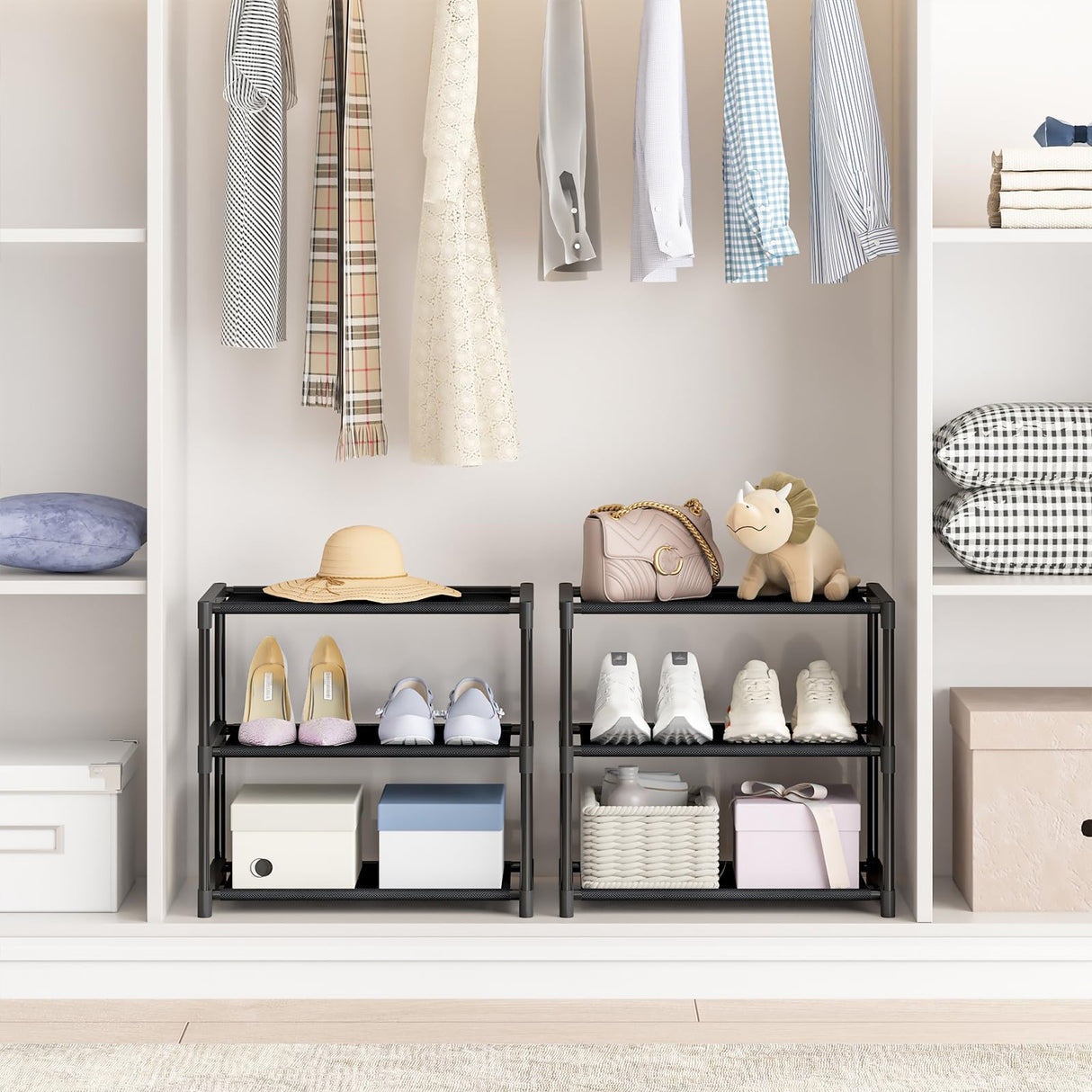 Autonomier 3 Tier Small Shoe Rack, Narrow Stackable Kids Toddler Adult Shoe Storage Organizer Shelf for Closet Floor Front Door Entrance Entryway, Free Standing Shoe Rack Organization Shelves Autonomier