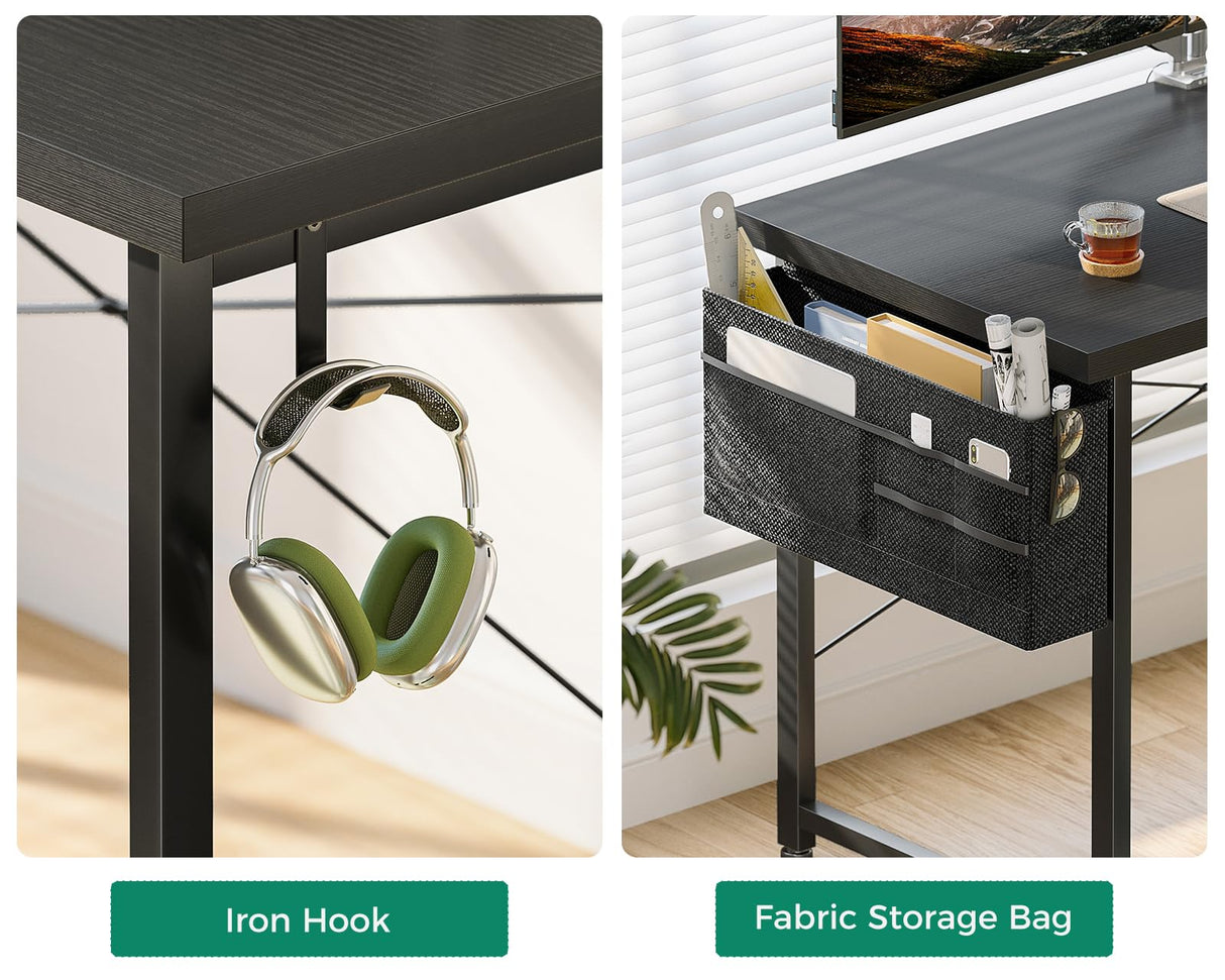 Casaottima L Shaped Computer Desk with Storage Bag, 57.5 Inch Reversible Gaming Desk, Home Office Corner Desk with Monitor Shelf, Space-Saving Writing Workstation Desk, Easy to Assemble, Black Casaottima