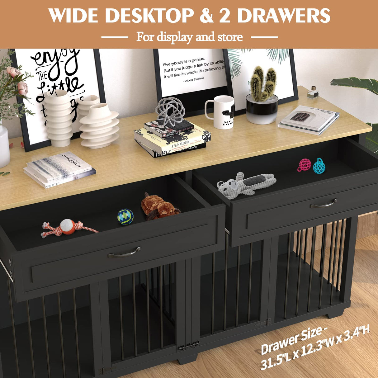 PIAOMTIEE Dog Crate Furniture, 72.4 Inch Wooden Dog Kennel, Modern Decorative Dog House, Dog Crate End Table with Double Doors, Drawers, Divider, Indoor Dog Cage for Large Medium Dogs, Black PIAOMTIEE