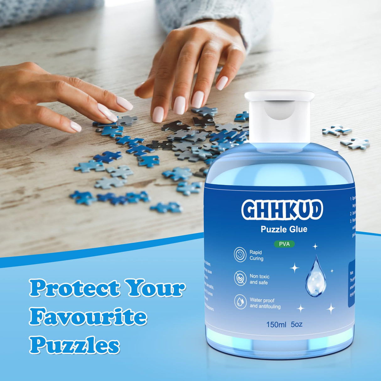GHHKUD Jigsaw Puzzle Glue,300ML Puzzle Glue Clear with Applicator Brushes for Puzzle Paper Wood, Replace Puzzle Saver Sealer for Over Thousands Pieces of Puzzle Glue Sheets Accessories Tools (Blue) GHHKUD