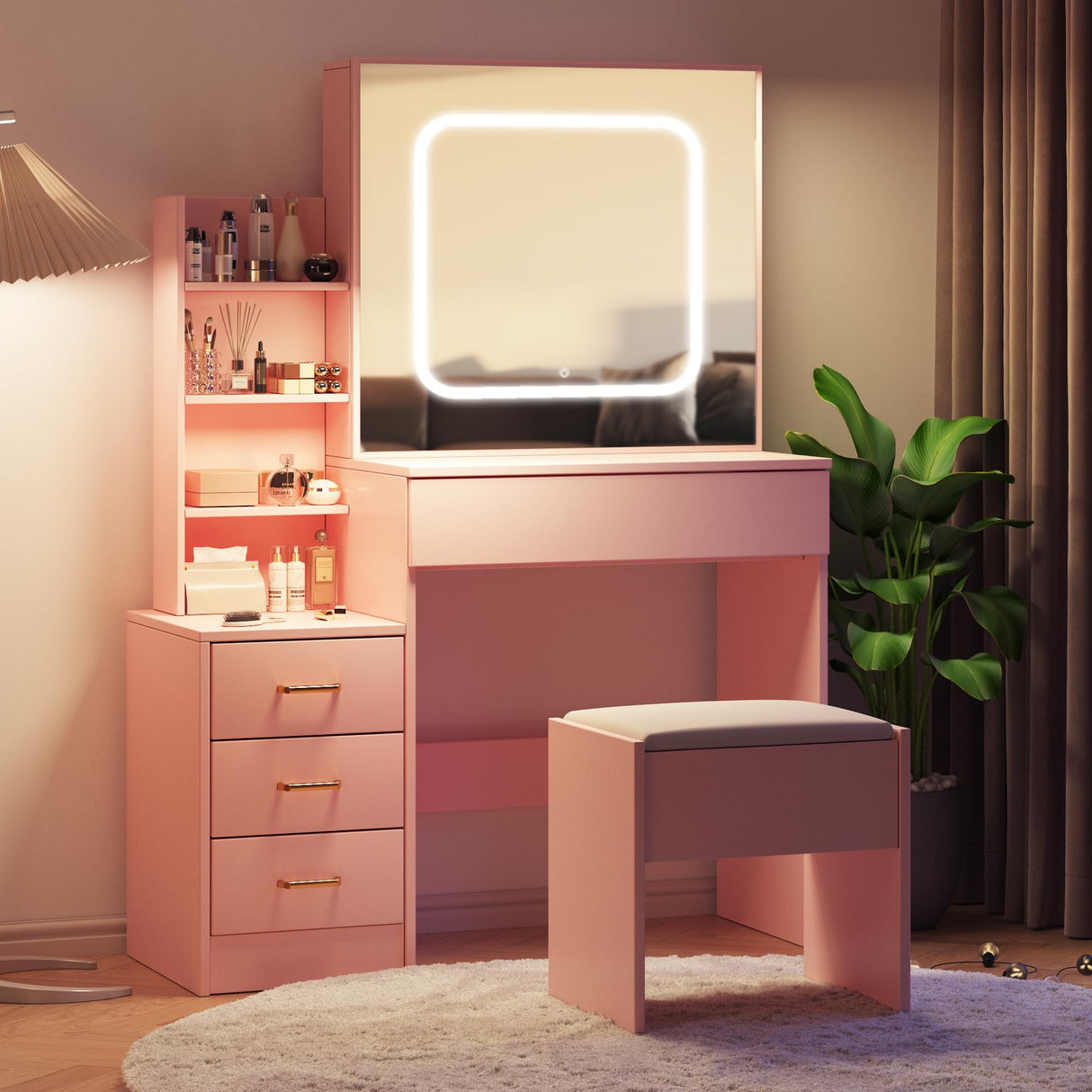 Patikuin Vanity Desk with Mirror and LED Lights, Makeup Vanity Desk with Sliding Lighted Mirror, Power Outlet, Dressing Table with 4 Drawers, Storage Shelves & Cushioned Stool for Bedroom, Pink Patikuin