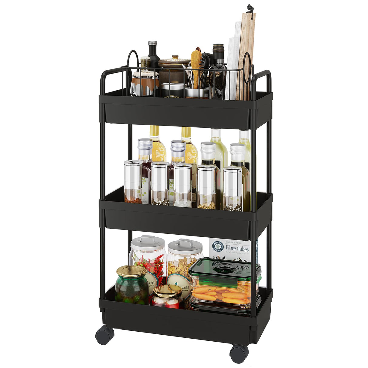 Buzowruil Rolling Storage Cart 3 Tier Organizer Mobile Shelving Unit Storage Rolling Utility Cart with Wheels for Kitchen Bathroom Laundry,Black Buzowruil