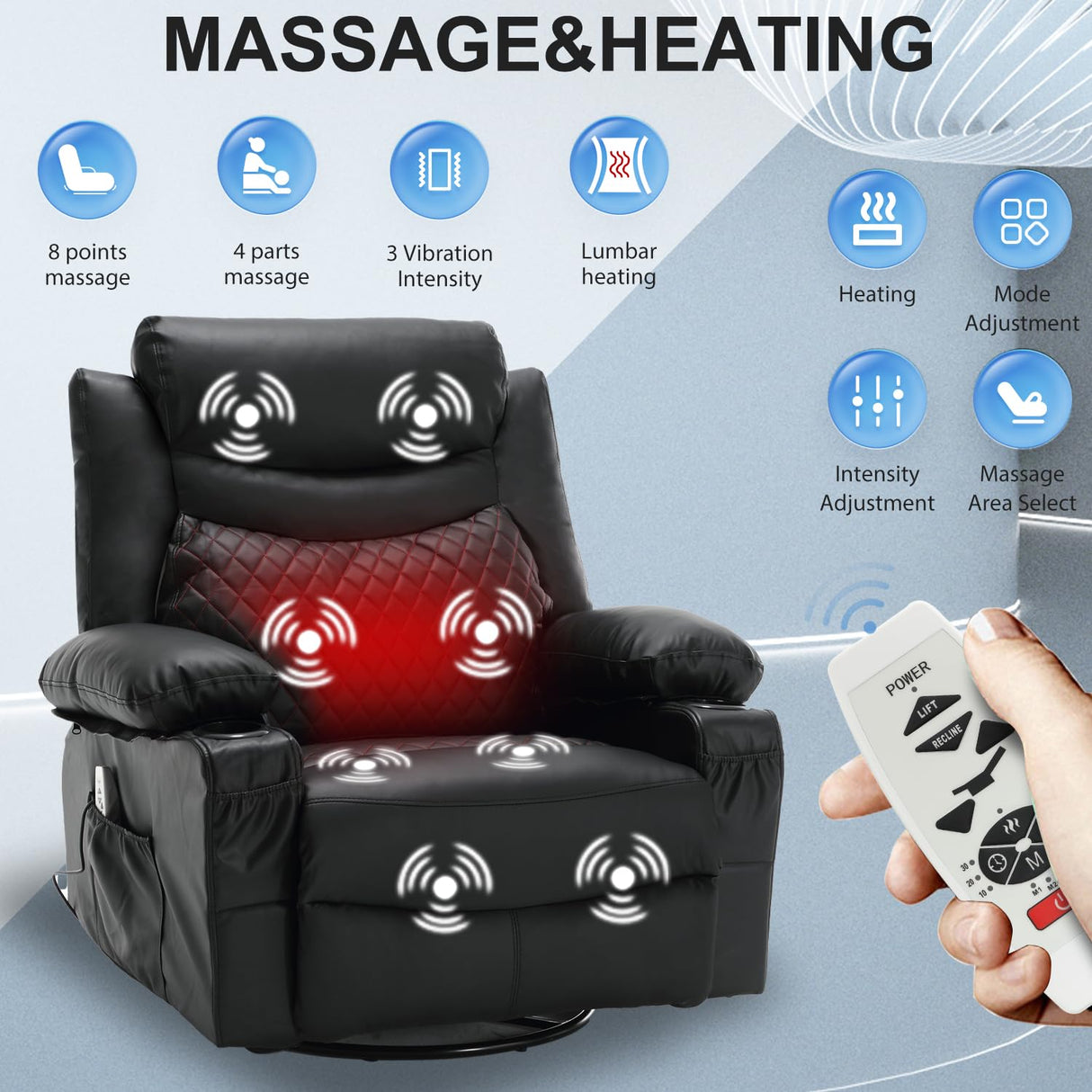 linting Electric Swivel Rocker Recliners with Massage and Heat for Adults Faux Leather Overstuffed Power Swivel Recliner with Cup Holders USB Port, Black Rocking Glider Chairs linting