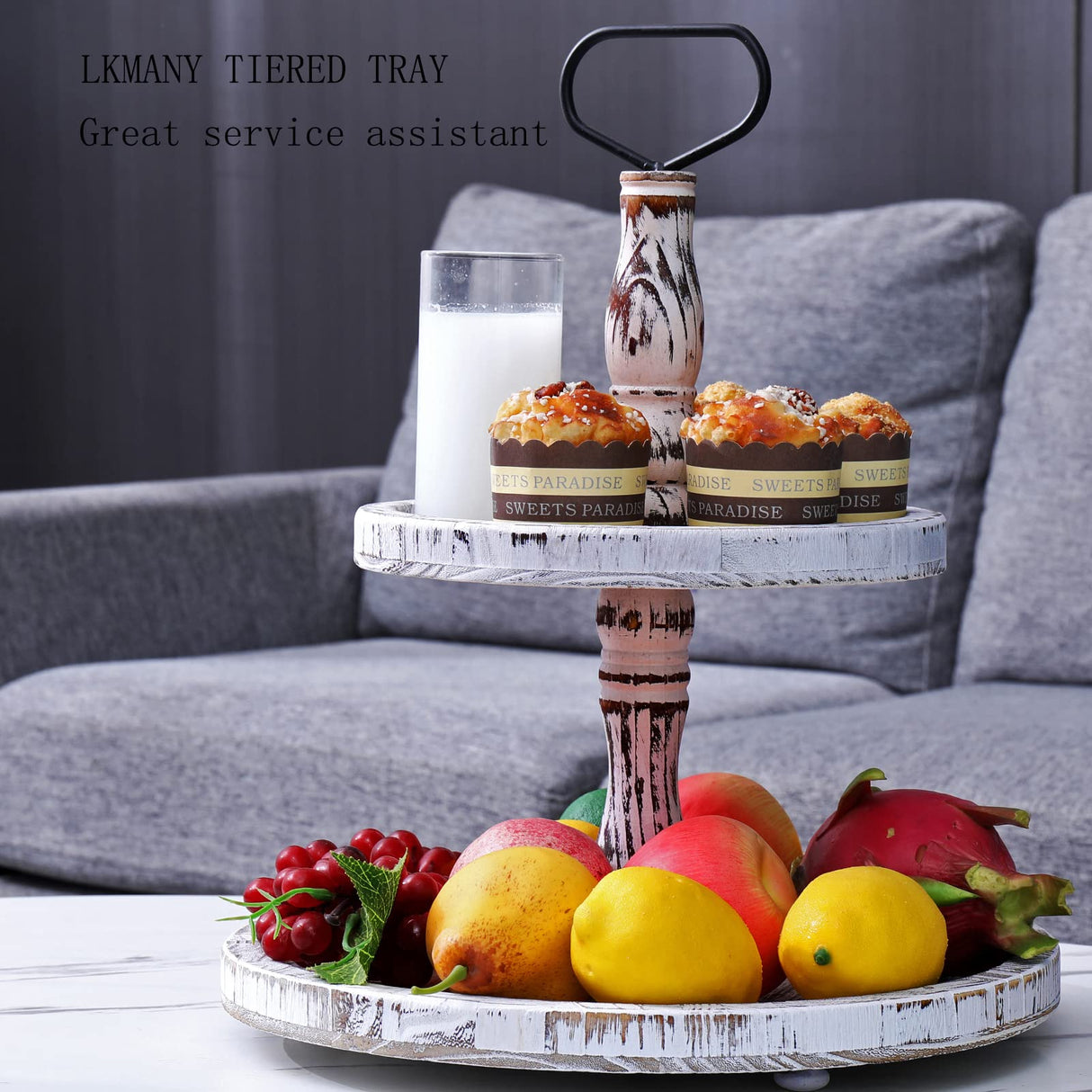 LKMANY Tiered Tray Cupcake Stand 2 Tier Tray Stand Serving Cakes Tray Decorative Trays with Handle,Round Rustic Stand for Kitchen,Homeware Display Platters for Party LKMANY