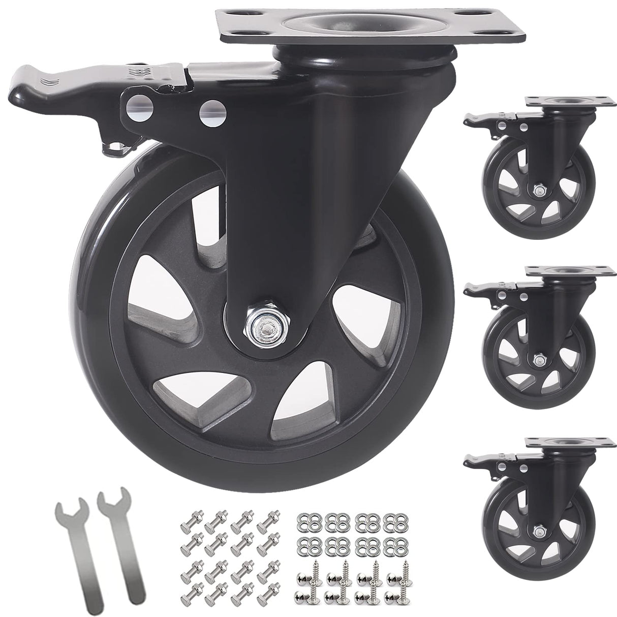 5 Inch Swivel Caster Wheels Set of 4, Heavy Duty Casters with Brake, Polyurethane Locking Casters for Cart, Workbench and Trolley-Load 2200lbs, Black(Two Hardware Kits) Wieyunn