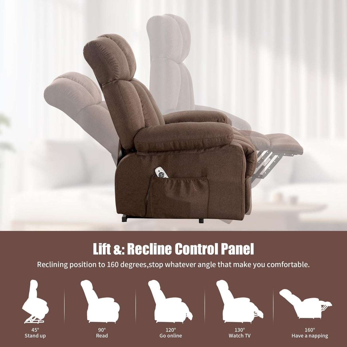 jonpony Power Lift Recliner Chair for Elderly, Lift Chair with Massage and Heat for Living Room, Fabric Electric Recliner Chairs with Side Pockets, USB Charge Port,Brown jonpony