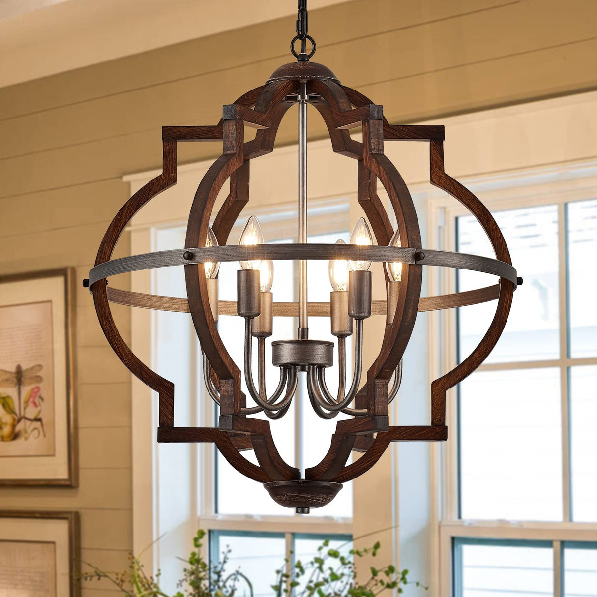 TACDANDM 23'' 6-Light Wood Farmhouse Chandelier for Dining Room Vintage Rustic Oak Brown Pendant Light Fixtures Globe Hanging Ceiling Lighting for Hallway Entryway Foyer Kitchen Living Room Bedroom TACDANDM