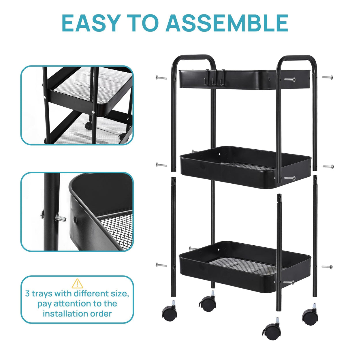 Vtopmart 3 Tier Metal Rolling Cart with Wheels, Utility Storage Cart with Handle and Lockable Casters, Storage Basket Organizer Shelves, Easy Assemble for Kitchen, Living Room, Office, Nursery, Black Vtopmart