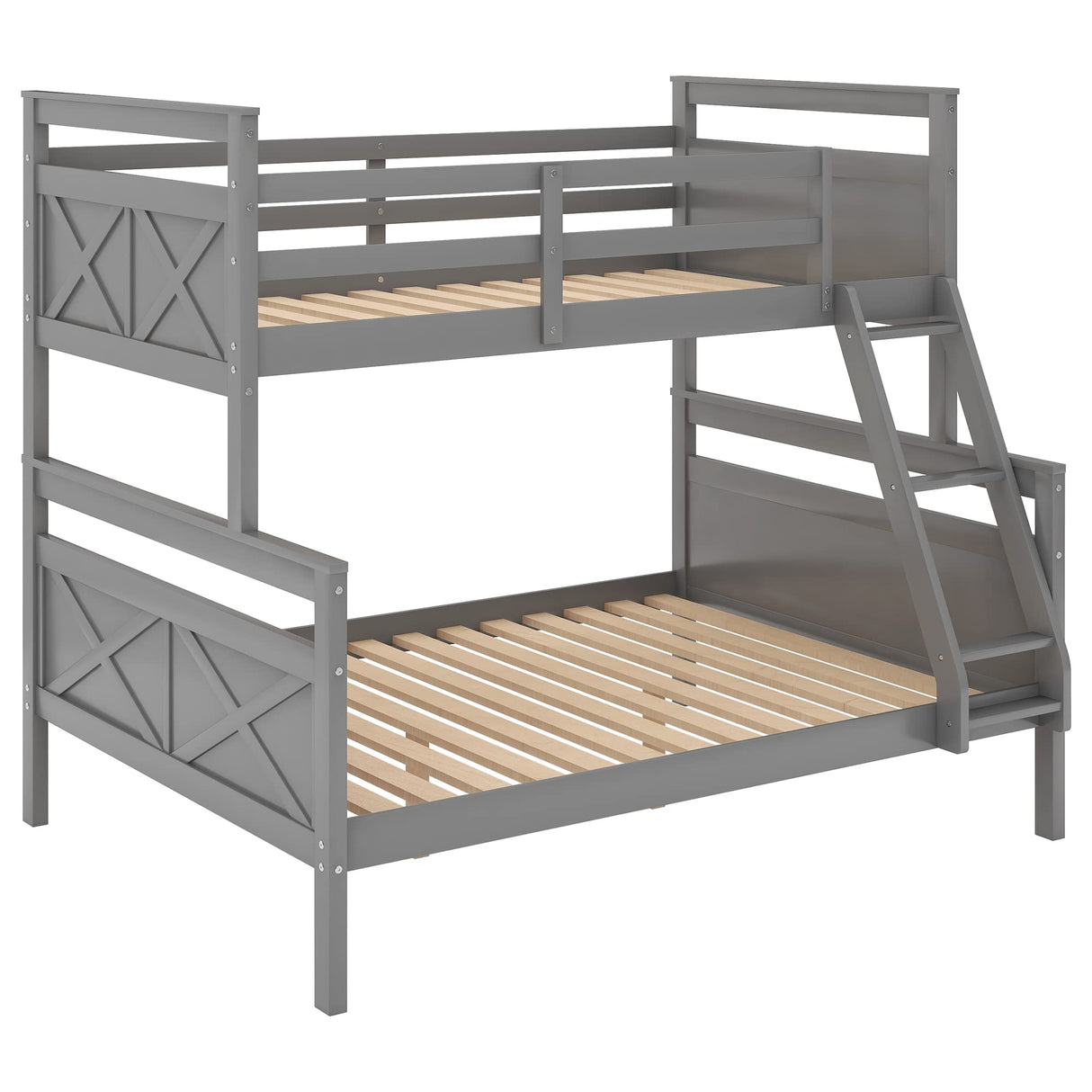 Majnesvon Grey Twin Over Full Bunk Bed Frame with Ladder and Guardrail, Convertible to Two Beds Majnesvon