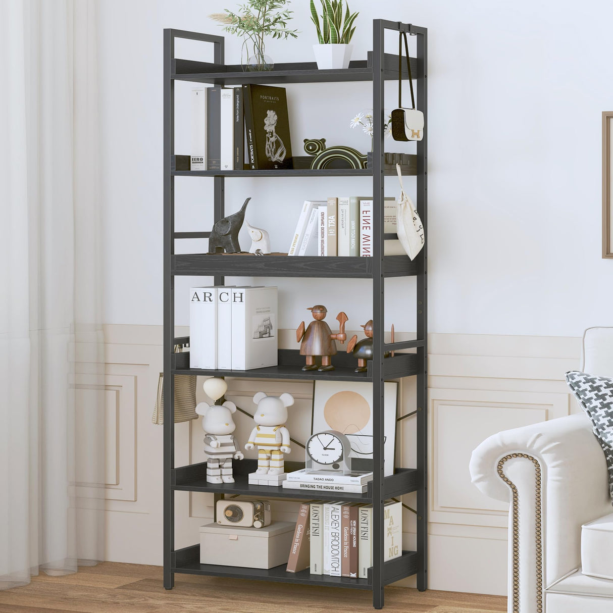 HCHQHS 6 Tier Bookshelf, Adjustable Industrial Bookcase, Vertical Tall Book Shelf, Wood and Black Metal Open Bookshelves for Home Office, Living Room, Bedroom, 70 Inch HCHQHS