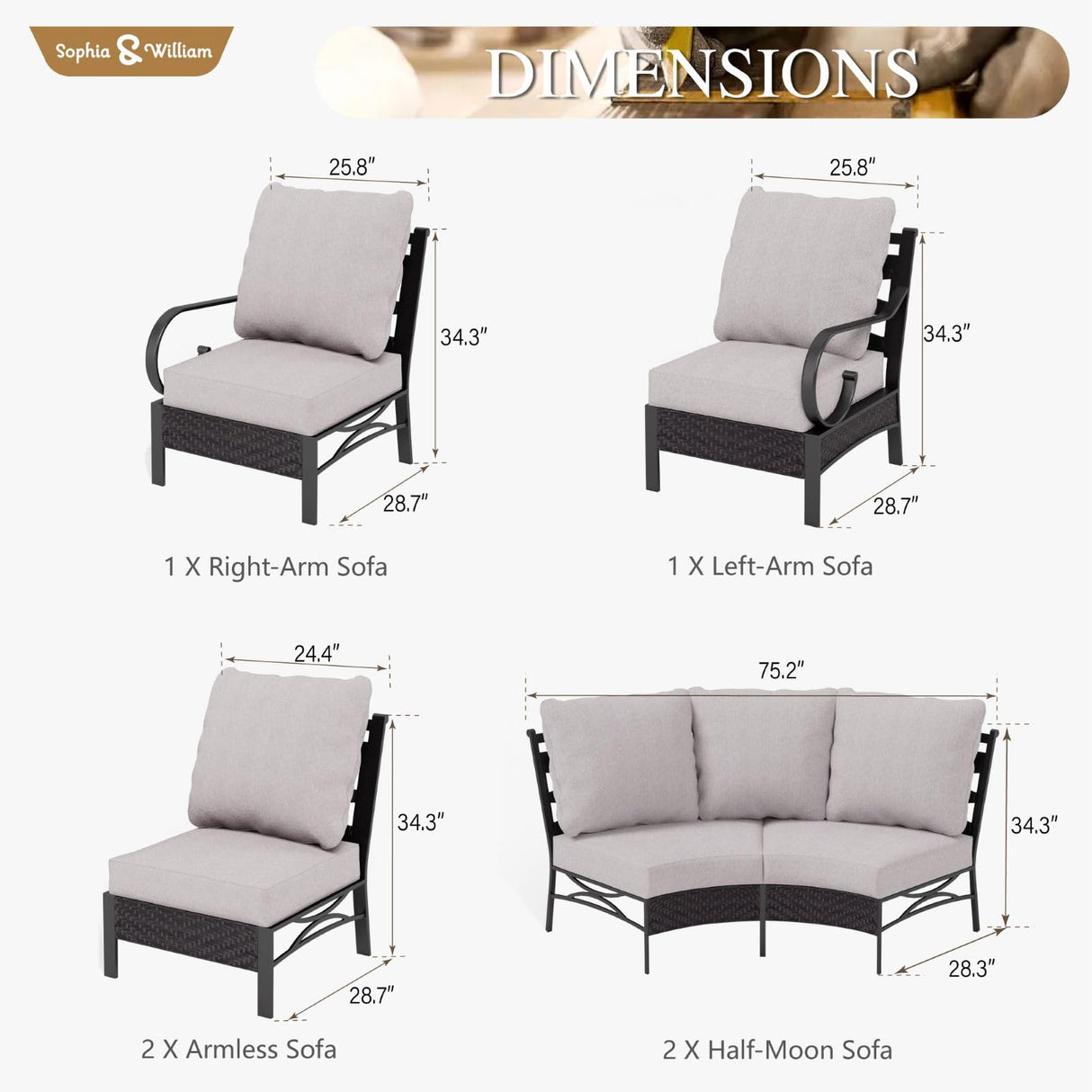 Sophia & William 6 Piece Patio Furniture Set, Half-Moon Curved Outdoor Sofa, Wicker Rattan Outdoor Conversation Sets,Beige Sophia & William