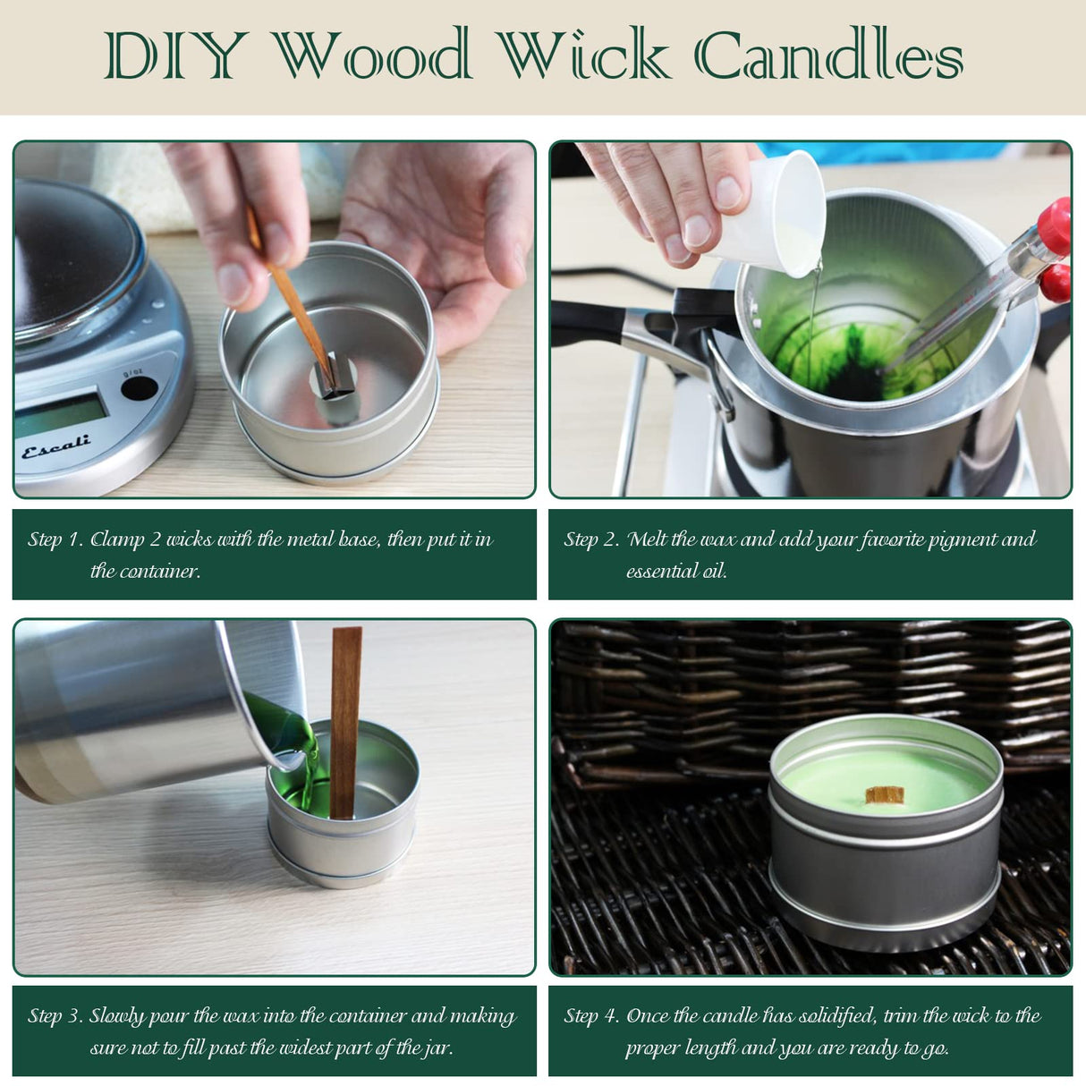 ZYNERY 100 Set Wood Wicks for Candles Making, Crackling Wooden Candle Wicks, Smokeless Candle Wick with Metal Base Labels (5.9x0.5 Inch) ZYNERY