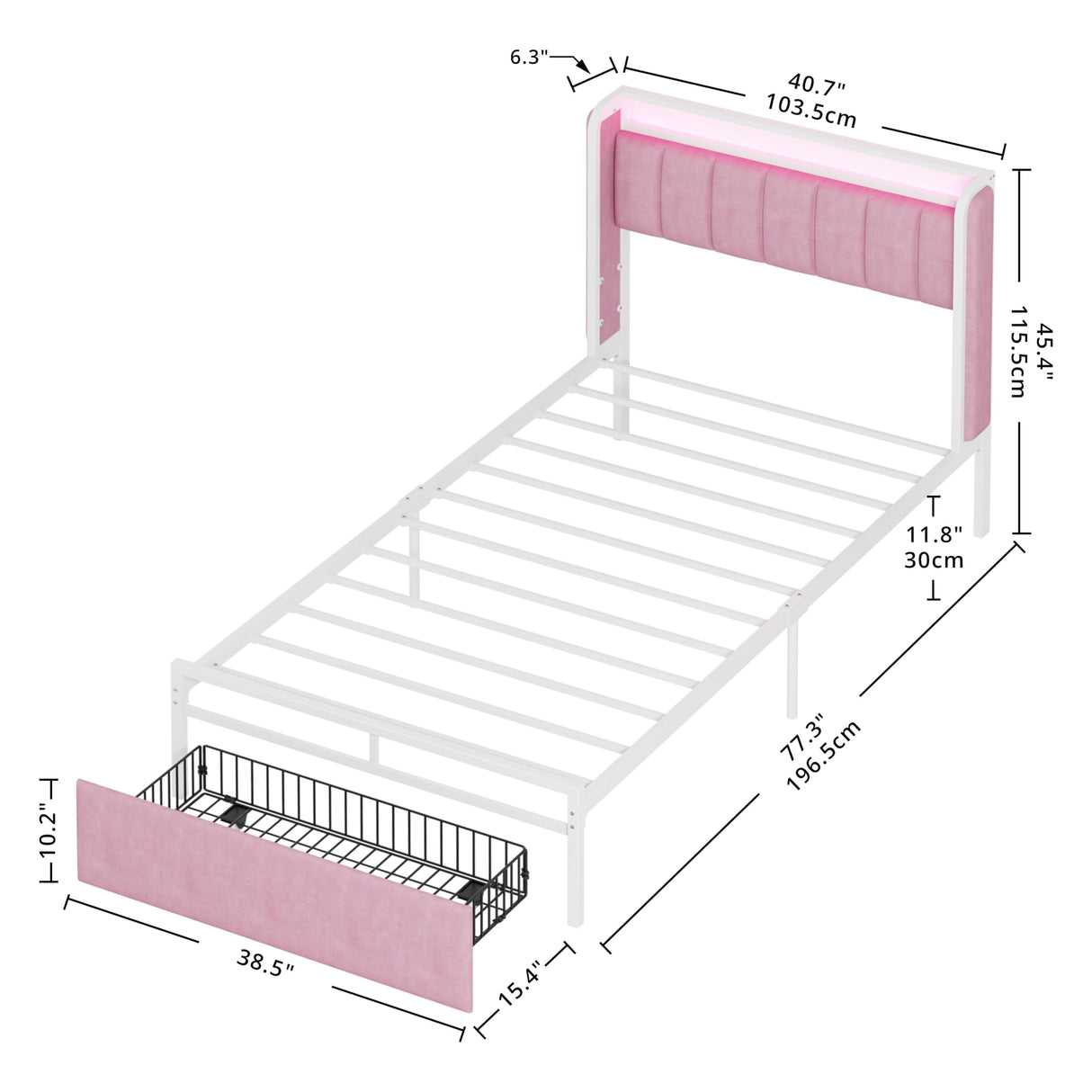 LIKIMIO Twin Size Bed Frame with Armrests Headboard & RGB Light, Upholstered Twin Size Bed Platform with Drawers, No Box Spring Needed, Study & No Noise, Modern Pink LIKIMIO