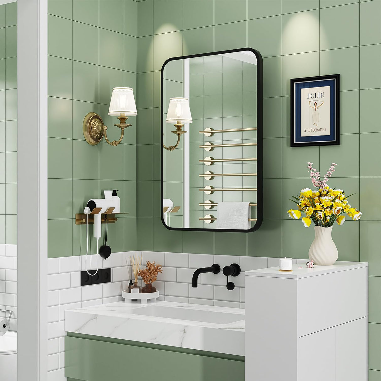 ACEMIRO 16x24 Inch Black Mirror Medicine Cabinet Metal Framed Recessed Wall Mounted Bathroom Medicine Cabinet with Mirror and Storage ACEMIRO