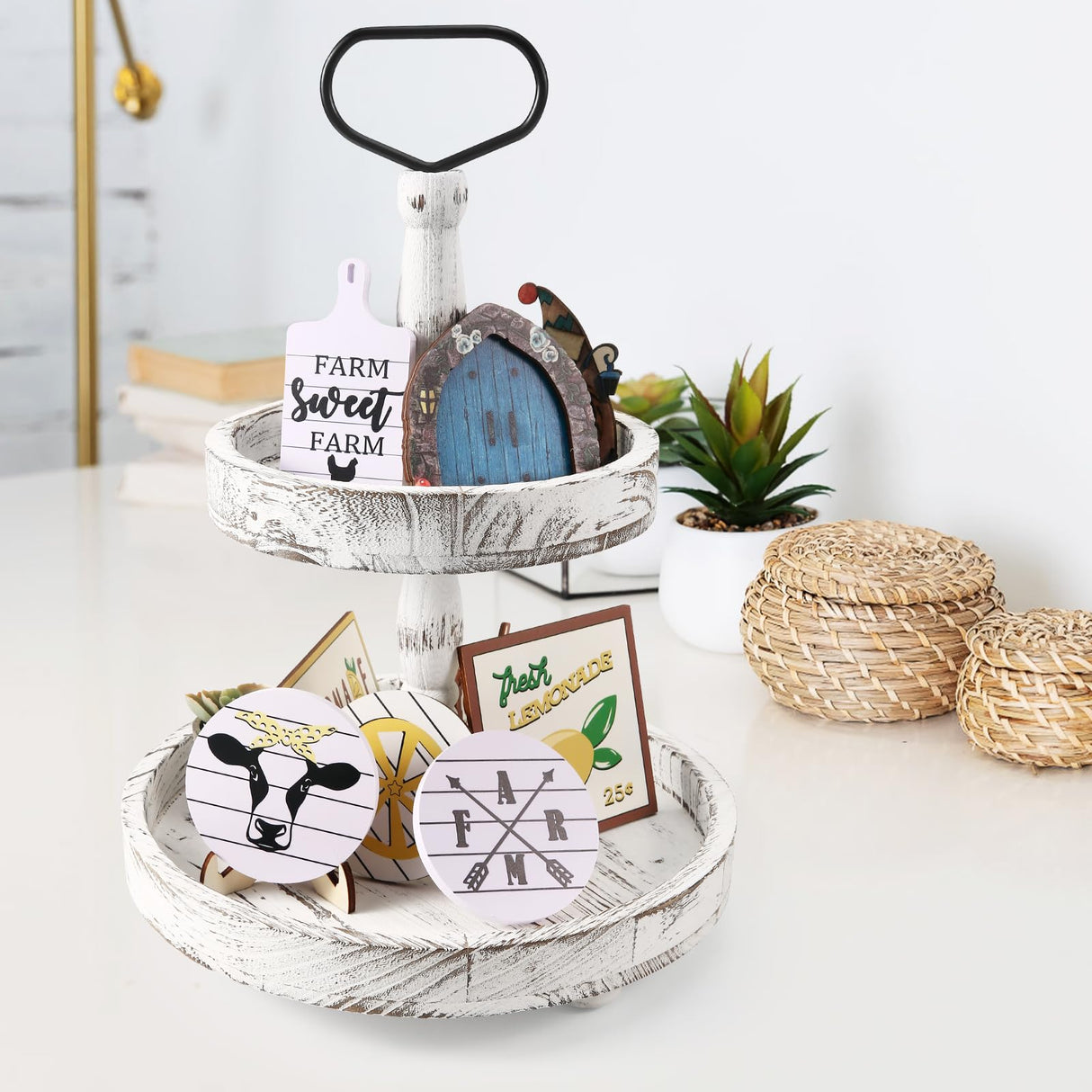 ASMPCUE 2 Tiered Tray Stand, Farmhouse Tiered Tray Stand with Metal Handle for Home Kitchen Decor, Wooden Rustic Two Tiered Serving Tray Coffee Table Tray for Holiday, Tray ONLY(Distressed White) ASMPCUE