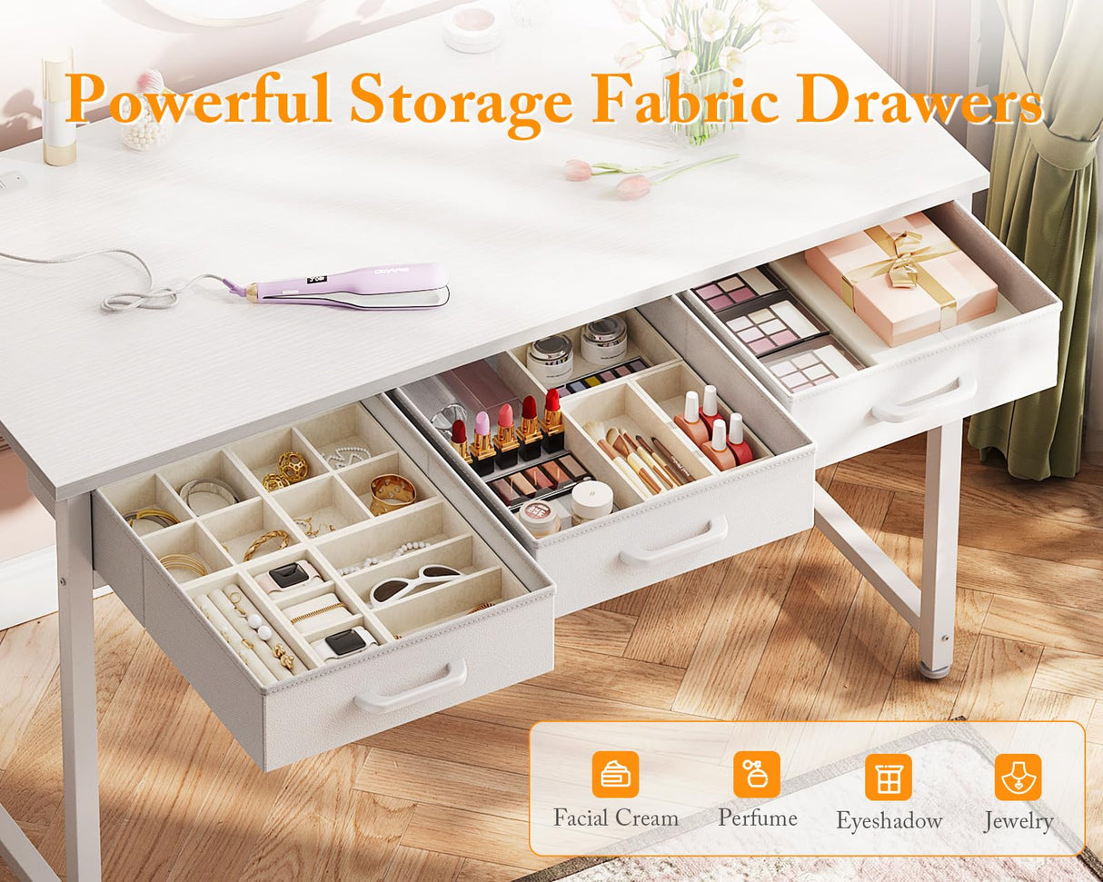 AODK 48" Vanity Desk no Mirror with 3 Fabric Drawers, Small Makeup Vanity Desk for Bedroom with Power Outlet, White Vanity Table with Versatile Hook, Girls Vanity Makeup Table, White AODK