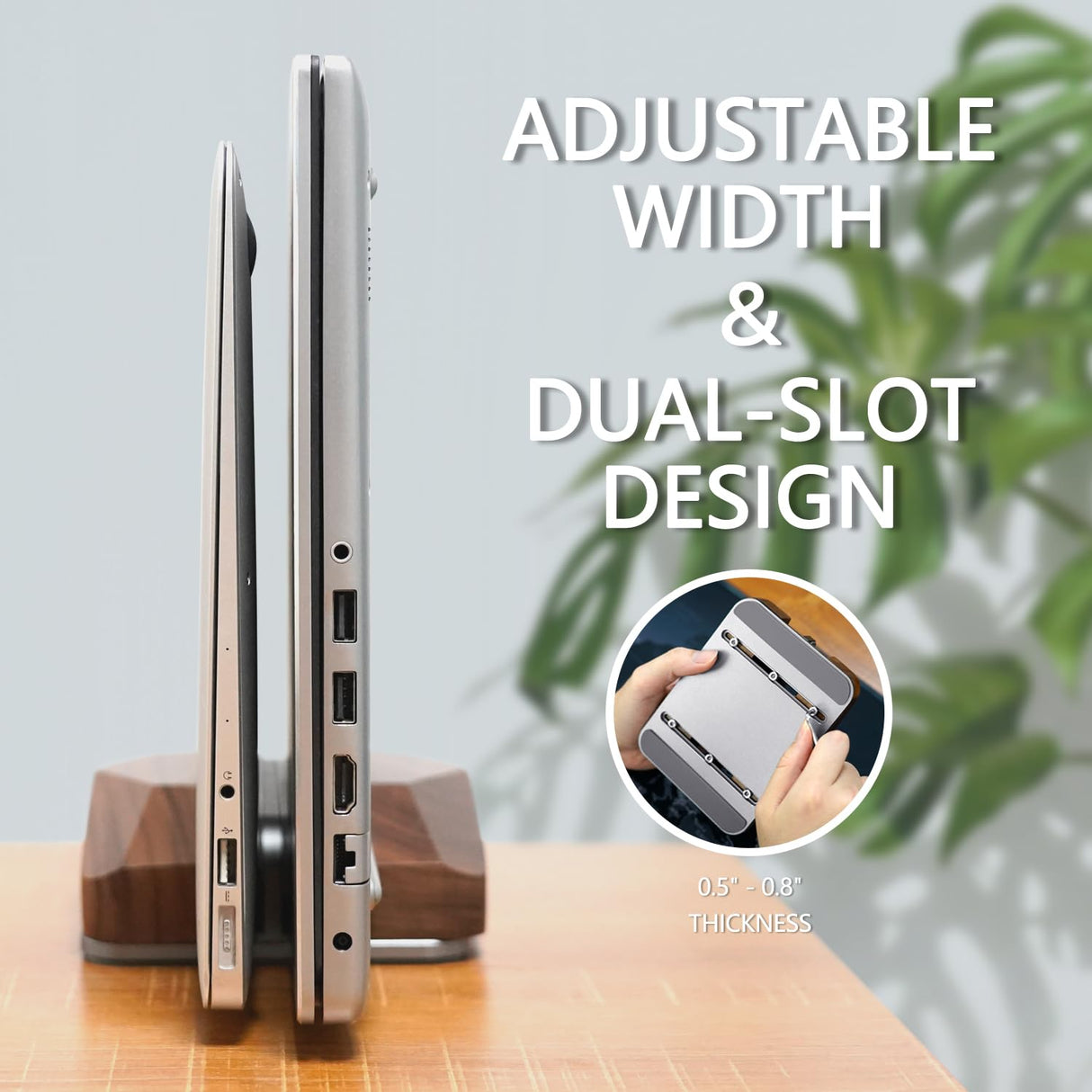 GEVO Dual Laptop Holder Vertical Laptop Stand, Natural Wood, Adjustable Dock, Wooden Laptop Stand,Vertical Laptop Holder for Desk, Widen Dock Fits All MacBook/Surface pro 2 Devices (Black Walnut) GEVO