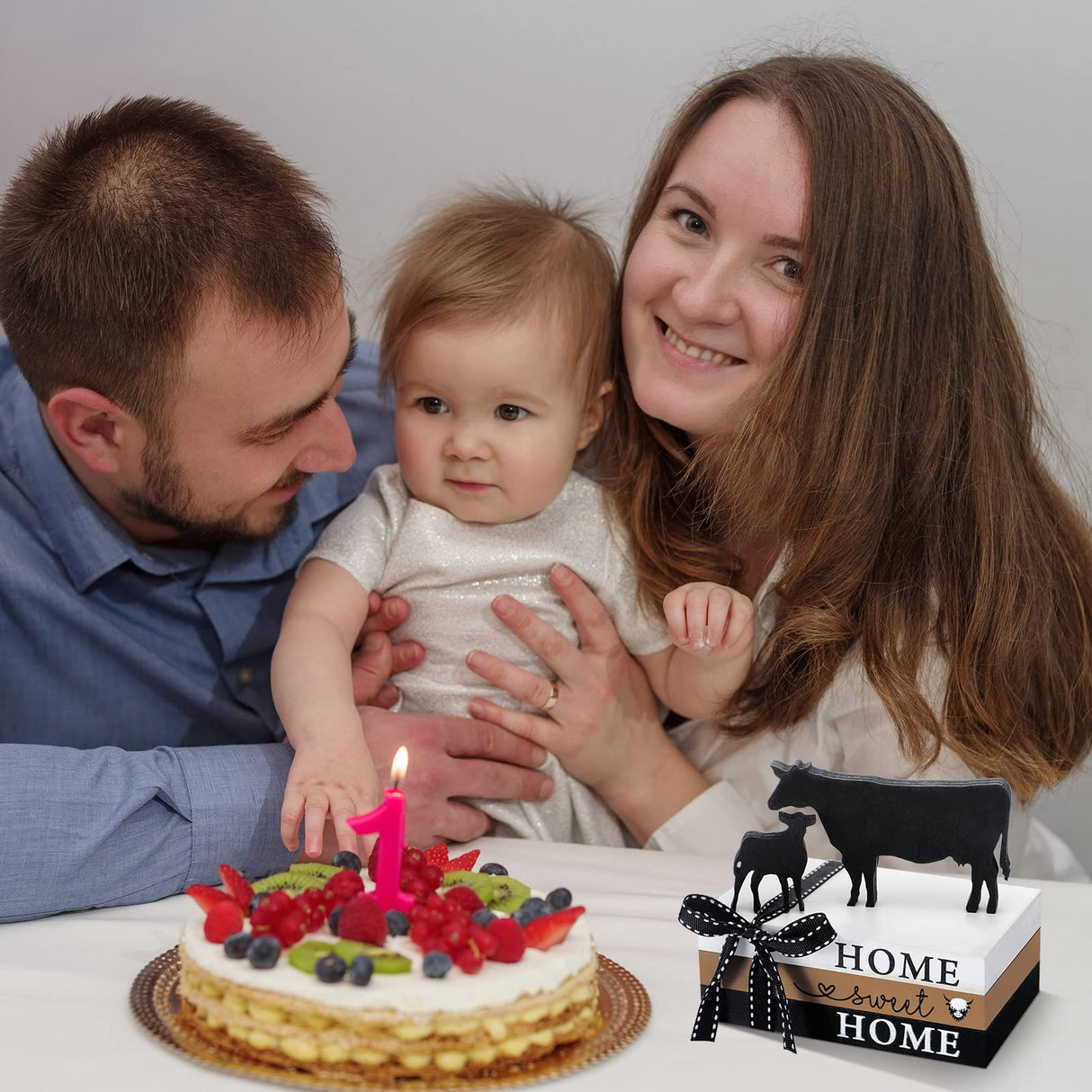 Geetery 5 Pcs Wood Farm Decor Farmhouse Sign Farm Home Tiered Tray Decor Rustic Mini Wood Book Stacks Table Decorations for Home Living Room Table Sign (Cow) Geetery