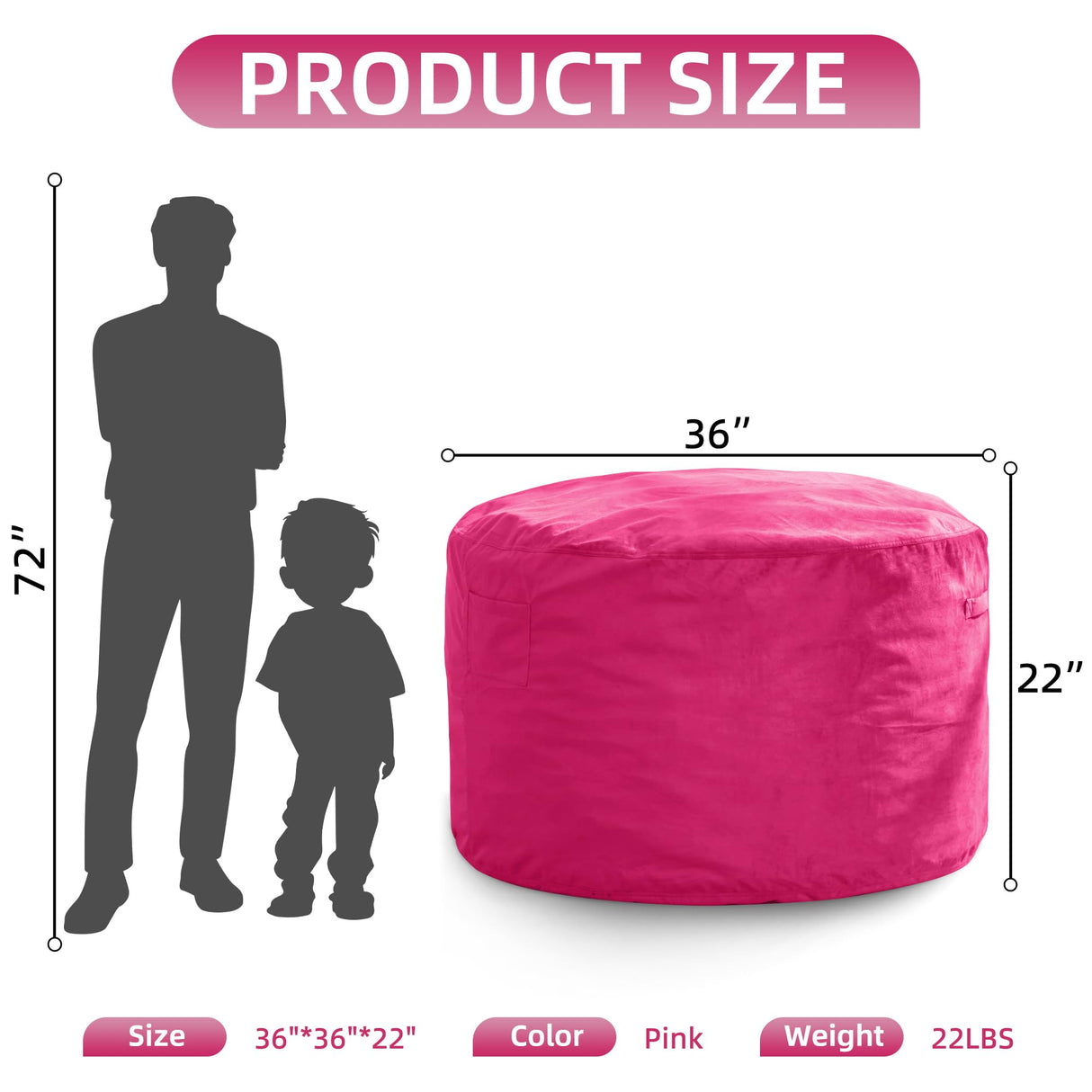 3FT Bean Bag Chair Bean Bag Chairs for Adults Giant Bean Chairs with Velvet Cover, Memory Foam BeanBag Chair Fluffy BeanBag Chairs for Living Room, Bedroom - Pink (36" x 36" x 22") Hobestluk
