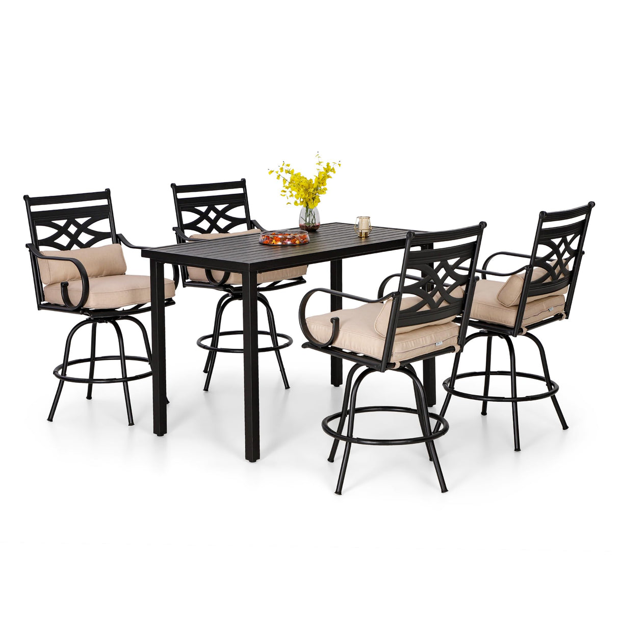 PHI VILLA 5 Piece Patio Bar Set,Outdoor Bar Table and Chairs Set, Strong and Heavy Duty Outdoor Bar Set with Cushion and Pillow,4PC Swivel Bar Stools with Rectangular Bar Height Table PHI VILLA