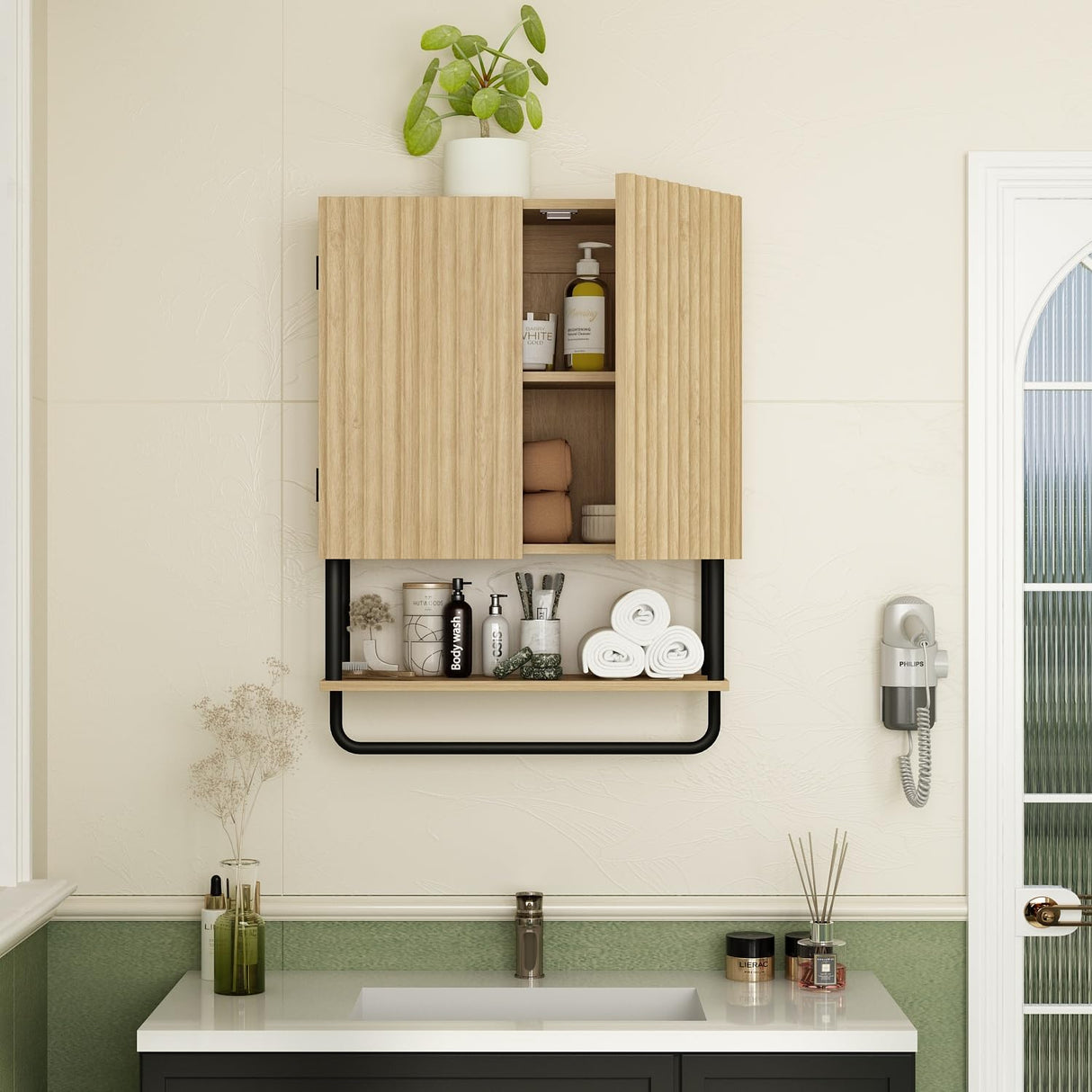 RUSTOWN Fluted Bathroom Wall Cabinet with 2 Doors, 3-Tier Modern Farmhouse Medicine Cabinet, Over The Toilet Storage Cabinet with Adjustable Shelf and Towel Bar(Natural, Small) RUSTOWN