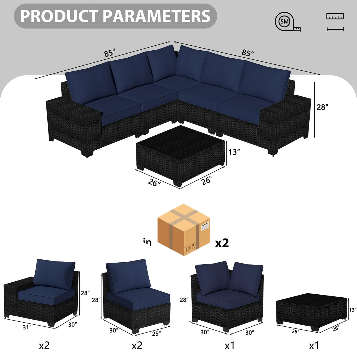 opemtdo Outdoor Patio Furniture Set 6 Pieces Patio Sectional Furniture Conversation Set Wicker Porch Couch Sofa Seat for Backyard Garden Poolside(Brown/Navy Blue) opemtdo