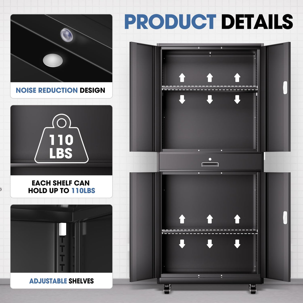 DNA MOTORING Metal Storage Cabinet, 73'' Rolling Garage Cabinet with 1 Drawer and Adjustable Shelves, Lockable Cabinet Heavy Duty Utility Cabinet for Garage,Office,Home,Gym, Black, TOOLS-00630-BK-BK DNA MOTORING