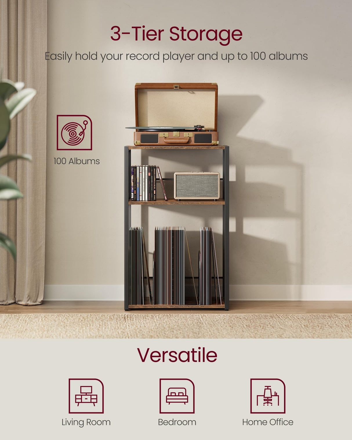 VASAGLE Record Player Stand, 3-Tier Side Table, Vinyl Record Storage up to 100 Albums, End Table for Living Room, Bedroom, Rustic Brown ULET275K01 VASAGLE