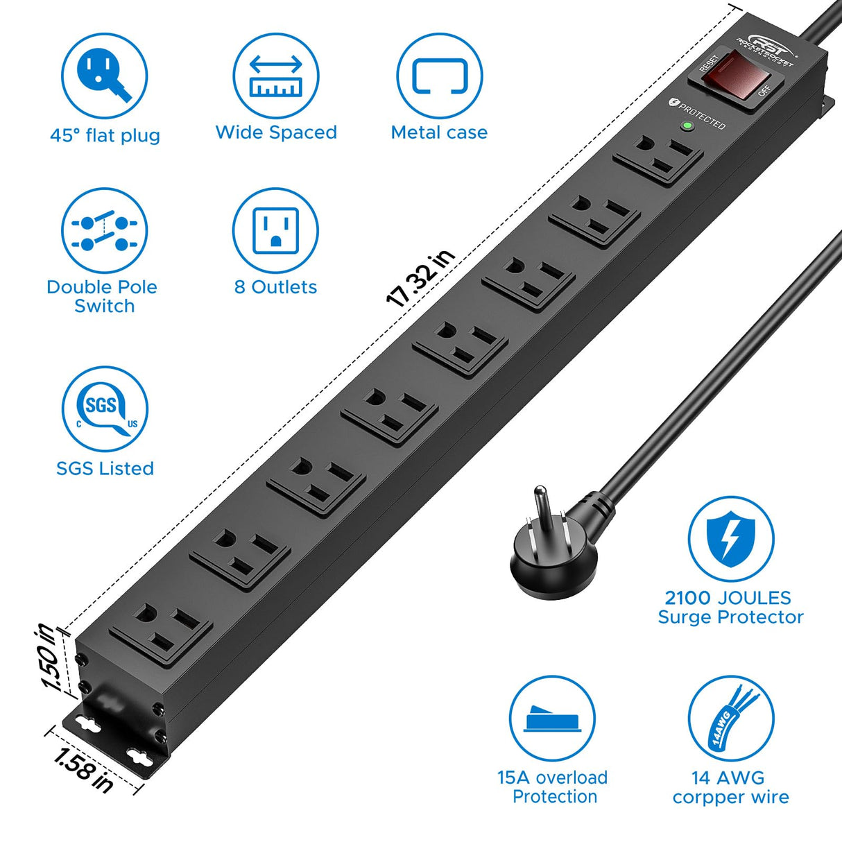 CRST 8 Outlet Metal Heavy Duty Power Strip, 2100J Power Strip Surge Protector, 6FT Cord Mountable Power Strip for Home Office Garage Workshop School, Wide Spaced Industrial Power Strip15A/1875W CRST