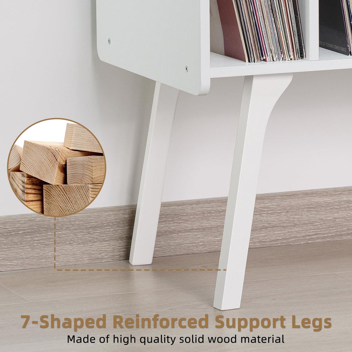 LELELINKY Record Player Stand,Vinyl Record Storage Table with 4 Cabinet Up to 120 Albums,Mid-Century Turntable Stand with Wood Legs,White Vinyl Holder Display Shelf for Bedroom Living Room LELELINKY