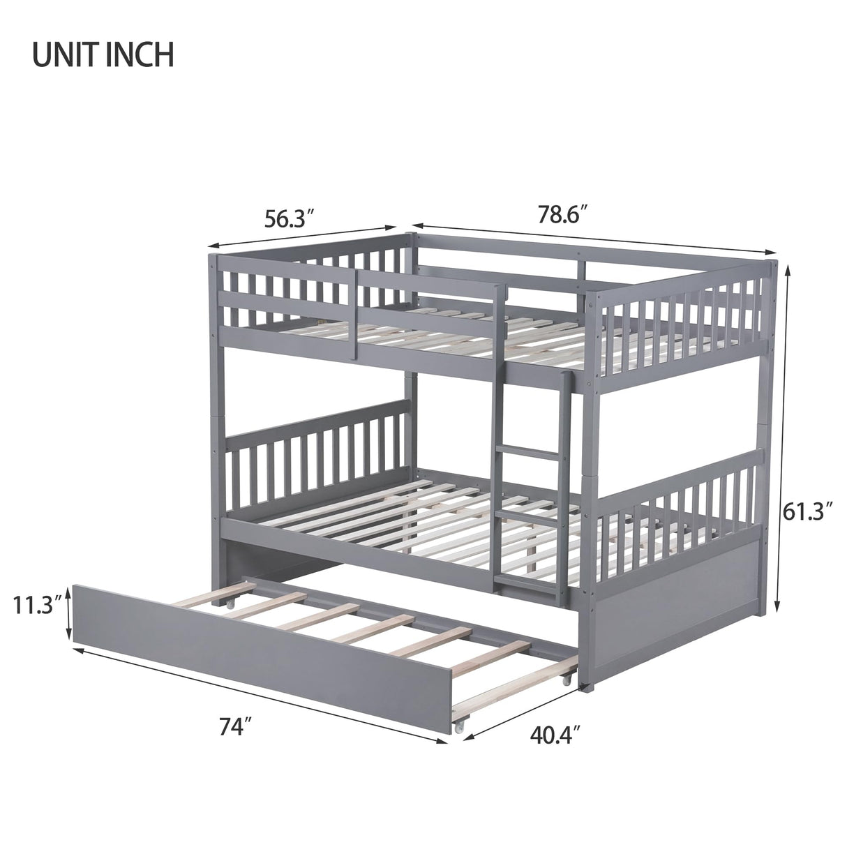 Rophefx Full Over Full Bunk Bed with Trundle, Wood Convertible Bunk Beds for Kids, Bunkbed Frame with Safety Rails and Ladders, Bunk Beds for for Adult, Teens, Grey Rophefx
