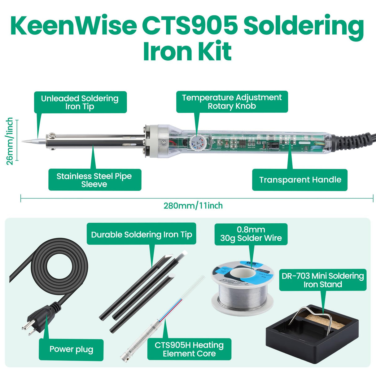 Soldering Iron Kit, 60W Soldering Gun with Transparent Handle, 6 Adjustable Temperature 392-842℉ Solder Kit for Electronics, Includes Soldering Iron Tip, Solder Wire, Stand, Heating Element Core KeenWise