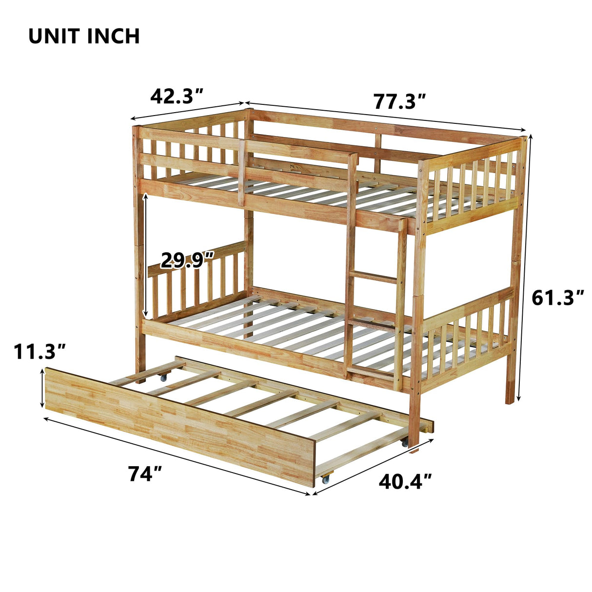 KEIKI Twin Over Twin Rubber Wood Bunk Bed with Trundle, Convertible into 2 Twin Size Beds, Twin Size Bunk Bed with Ladder and Safety Guardrails,Natural KEIKI