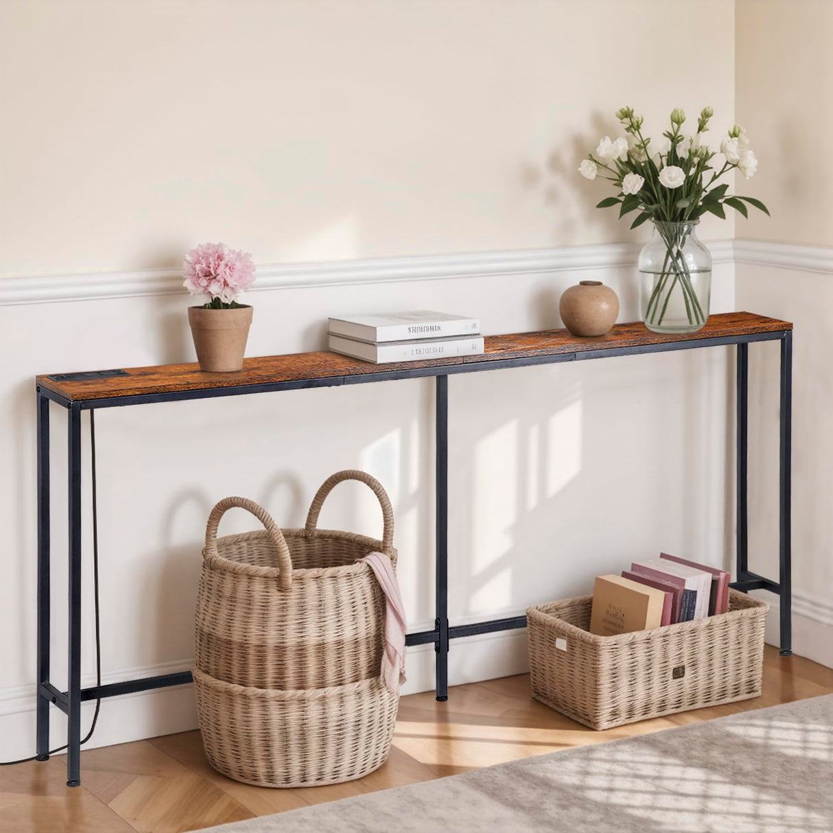 ZENY 70 Inch Console Table with Outlet, Narrow Sofa Table with Charging Station, Long Entryway Table, Hallway Table, Behind Couch Table for Living Room, Entryway, Foyer, Rustic Brown ZENY