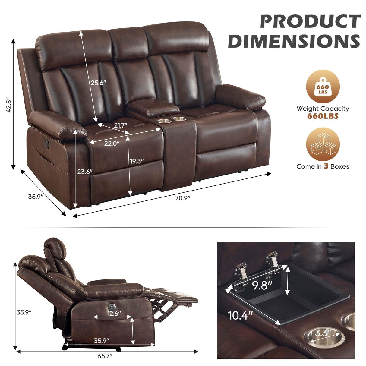 Consofa Power Reclining Loveseat with Console, Reclining Loveseat with Heat and Massage, Power Loveseat Recliner Sofa with Dual Ports, Cup Holders for Living Room, RV Sofa Consofa