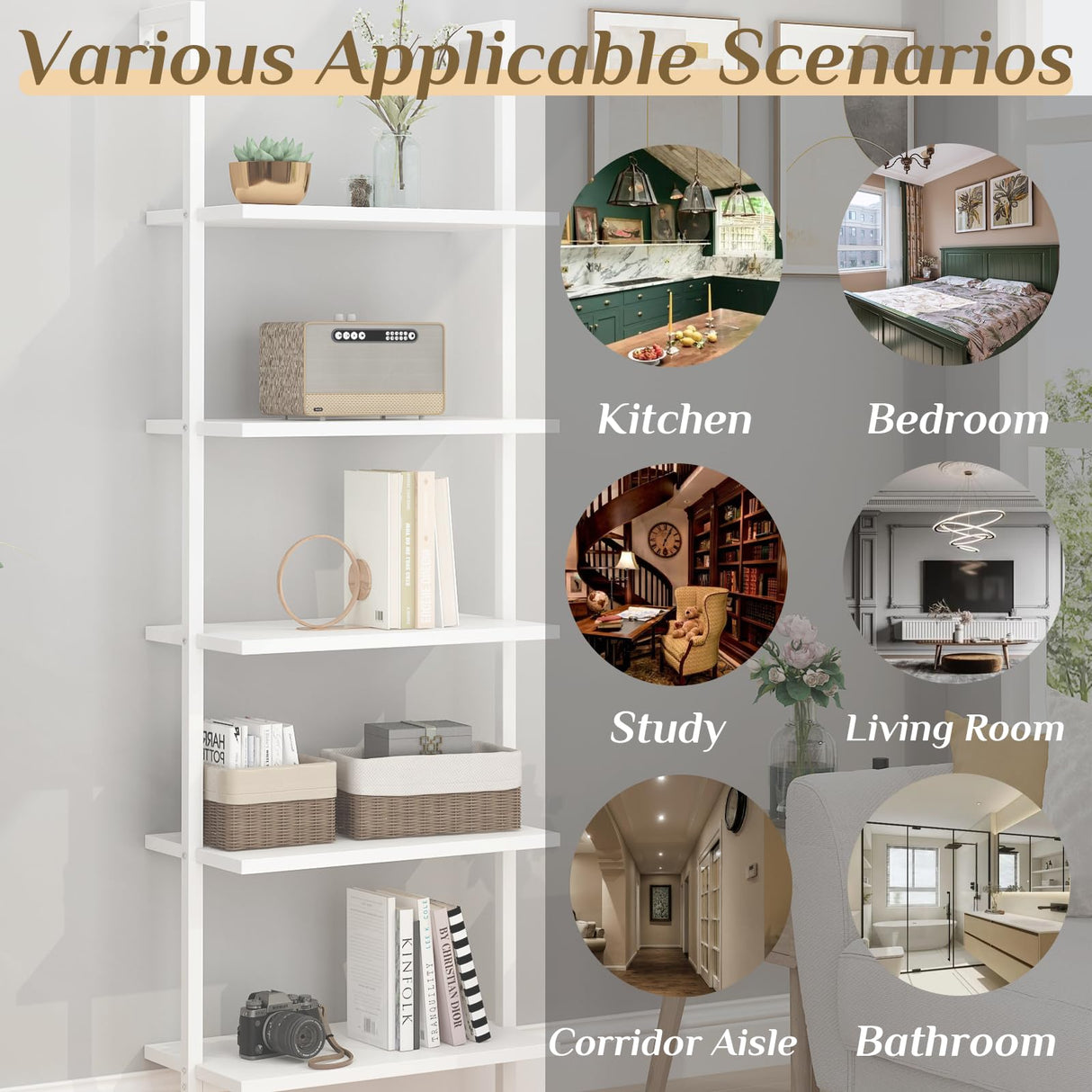 Karl home Ladder Shelf 5 Tier Wall Mounted Bookcase with Metal Frame, Open Design Shelves for Living Room, Bedroom, Home, Office, White (23.62" L x 11.81" W x 70.87" H) Karl home