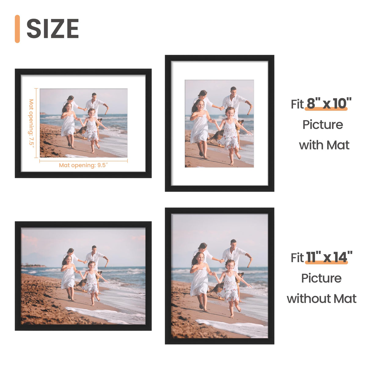 upsimples 11x14 Picture Frame, Display Pictures 8x10 with Mat or 11x14 Without Mat, Wall Hanging Photo Frame, Black, 1 Pack upsimples