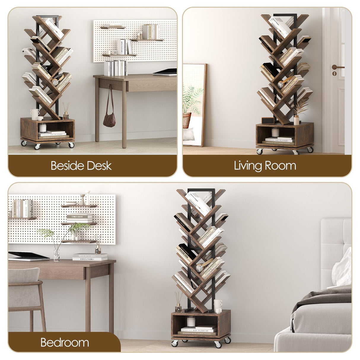 iabifo 49" Rotating Tree Bookshelf, 7 Tier Double Sided Shelf, Wood Corner Bookshelf with Wheels, 360 Display Spinning Bookcase Storage Rack, Ideal for Small Rooms, Easy Assembly, Rustic Brown iabifo