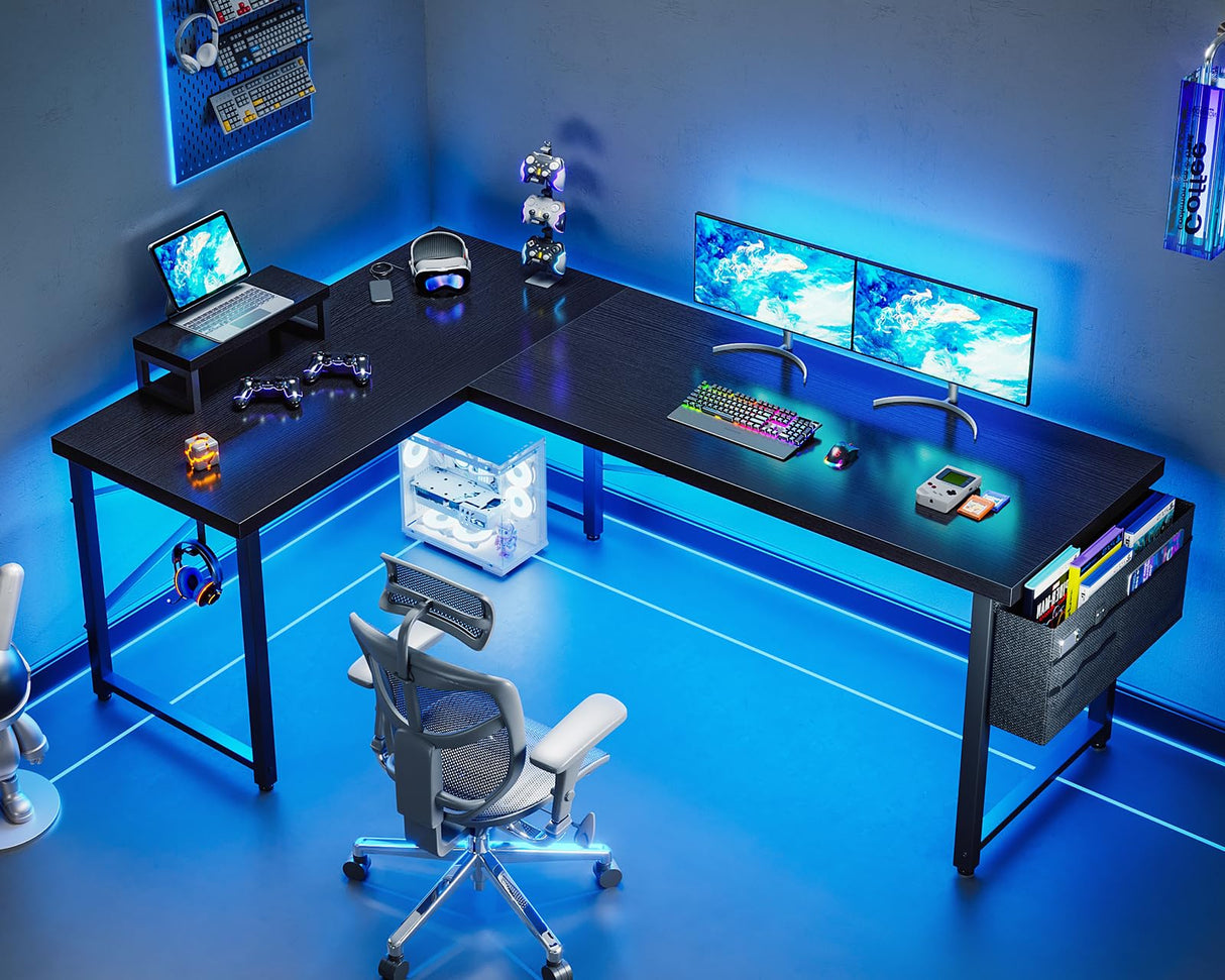 ODK L Shaped Desk, 66" Computer Corner Desk, Gaming Desk, Home Office Writing Desk with Monitor Shelf, Space-Saving Workstation Desk, Modern Simple Wooden Table, Easy to Assemble, Black ODK