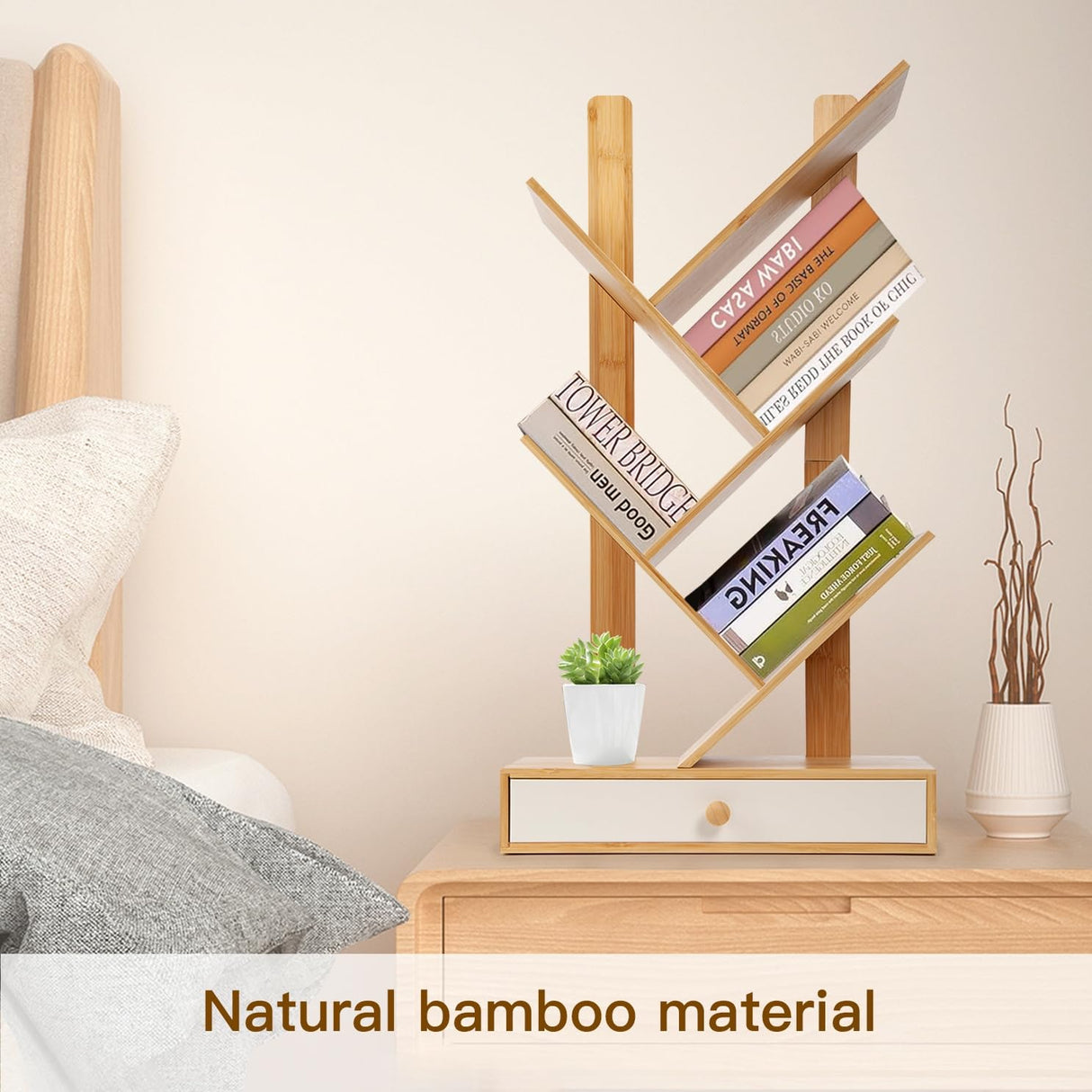 PERFECYEE 4 Tier Tree Bookshelf with Drawer, Small Bookcase, Desktop Bookshelf Floor Standing Bookcase Display for Living Room, Bedroom, Natural PERFECYEE
