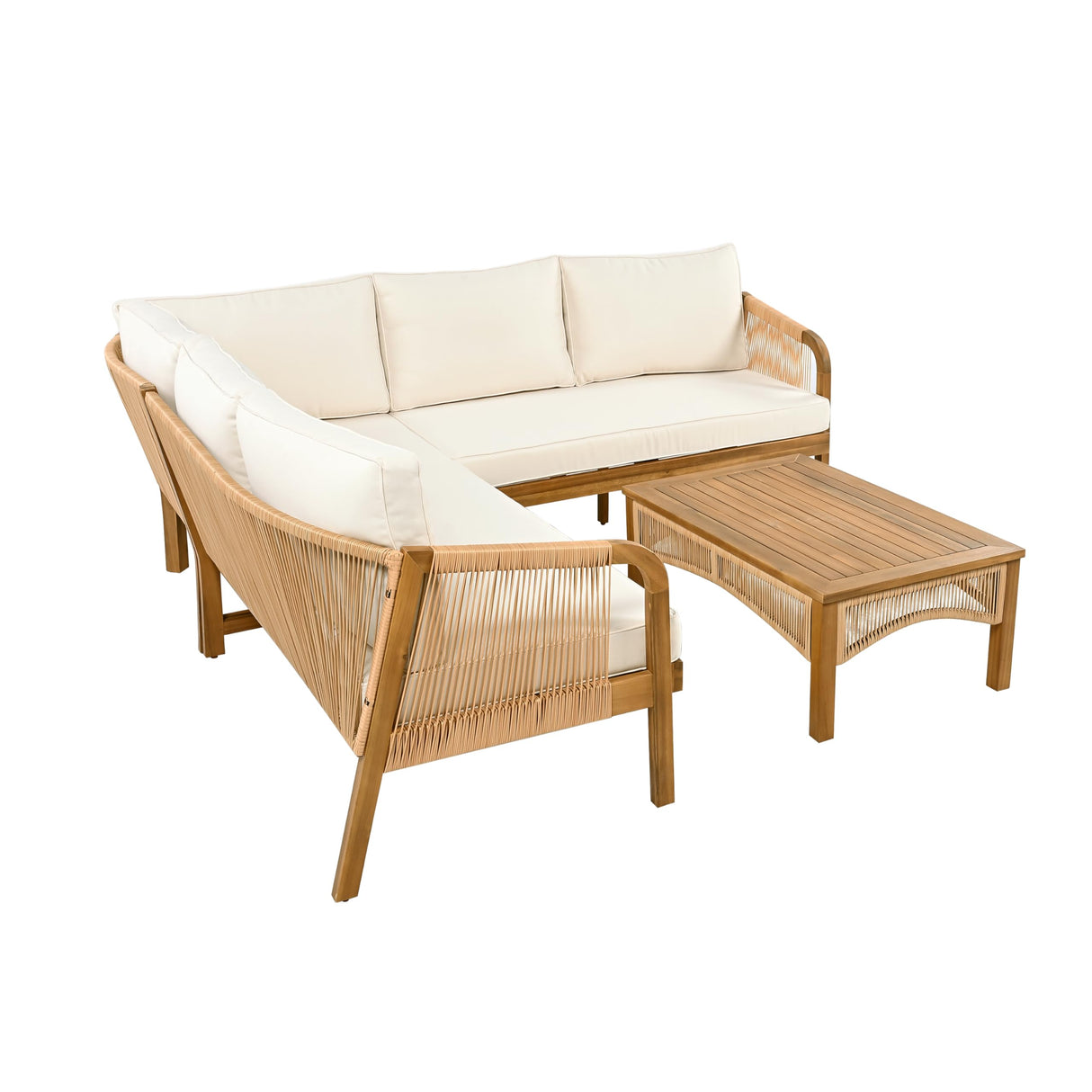Merax 4-Pieces Outdoor Acacia Wood Patio Sectional Sofa Set, L Shape Couch with Coffee Table, Deep Seating with Soft Cushion, for Garden, Teak+ Beige Merax