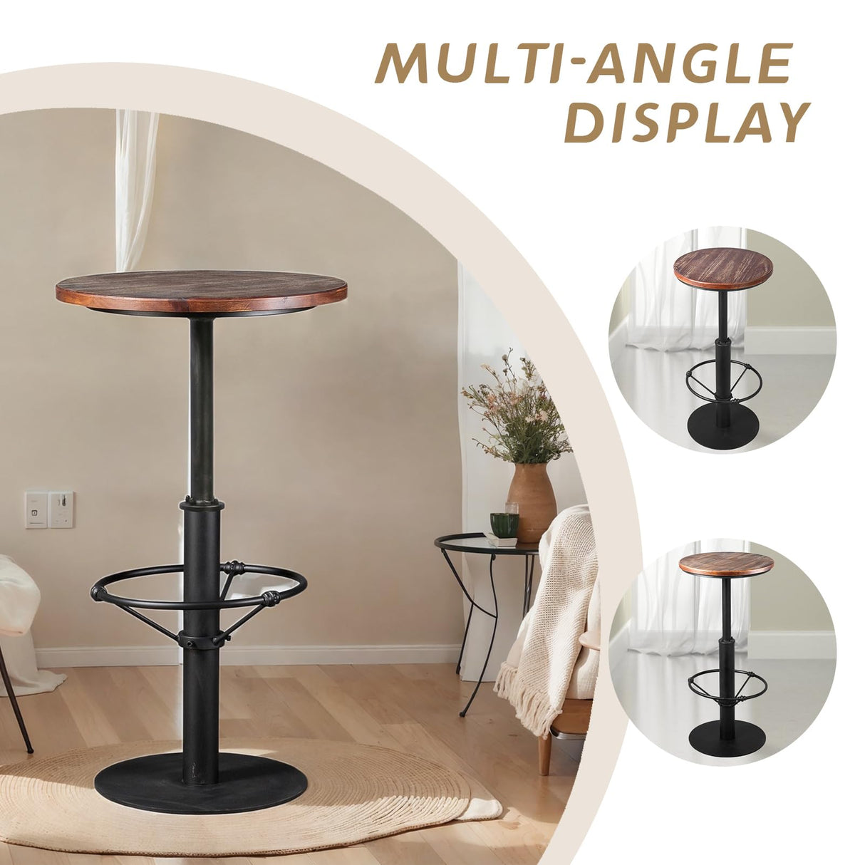 LOKKHAN 42" Tall Rustic Industrial Bar Table-19.68" Dia Round Wooden Top Metal Bar Height Adjustable Standing Pub Table-Dining Room Bistro Table-Cocktail Table LOKKHAN