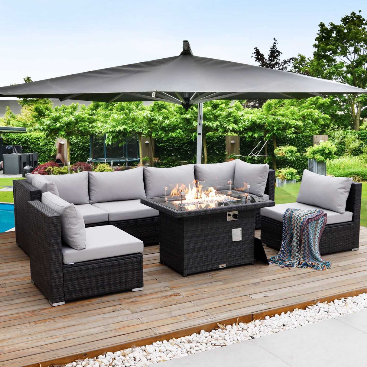 NICESOUL High-End Outdoor Patio Furniture Set with Natural Gas/Propane Firepits, 7 Piece Large Wicker Sectional Couches with Fire Table, 29.3'' High Back Deep Seating Comfy Conversation Sofas, Gray NICESOUL