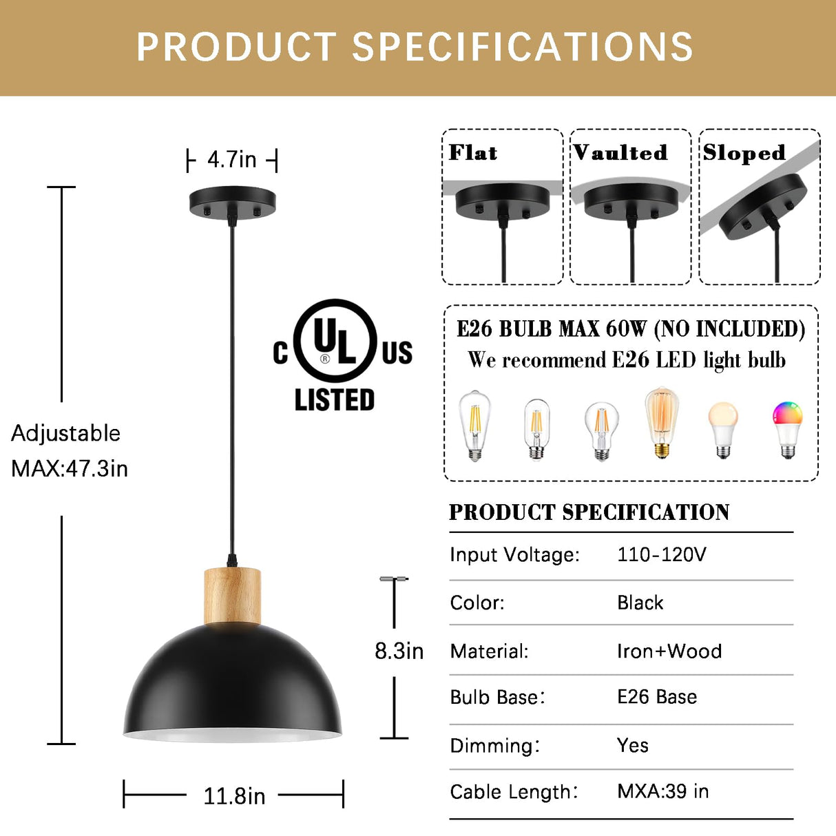 QianZhan Solid Wood Pendant Light 3 Pack, Modern Matte Black Pendant Lights Fixtures Adjustable Dome Hanging Lighting,for Kitchen Island Dining Room Restaurant Office Farmhouse QianZhan