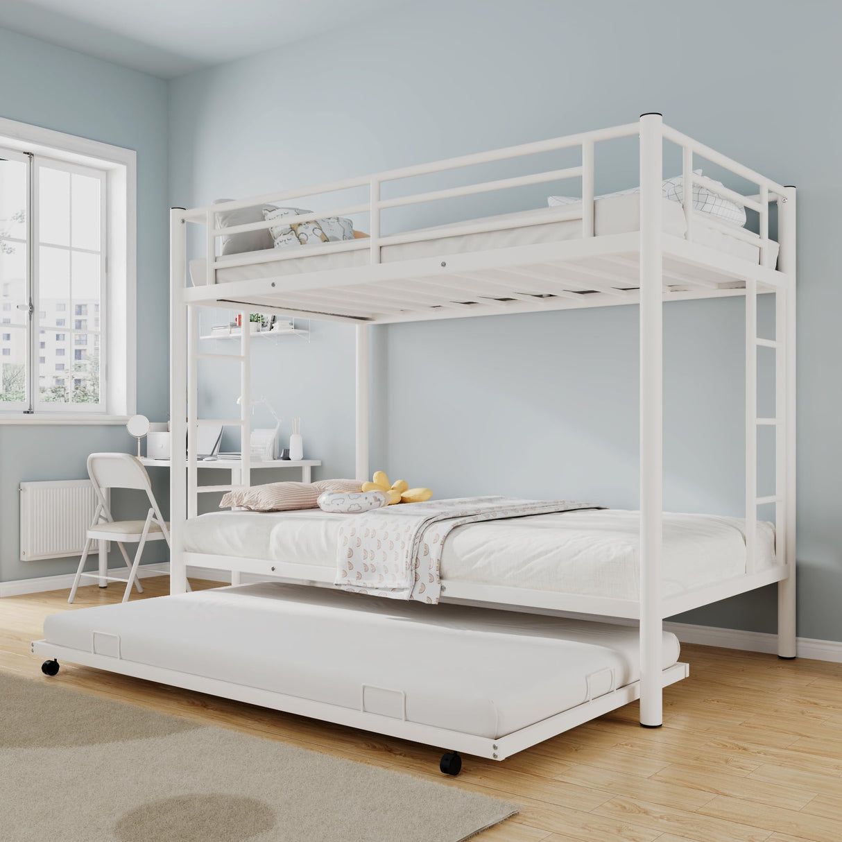 Merax Triple Bunk Bed, Twin Over Twin Bunk Beds with Trundle, Sturdy Steel Bunk Beds Frame for 3 Kids/Teens with Two Side Ladders and Safety Guard Rail,White Color Merax