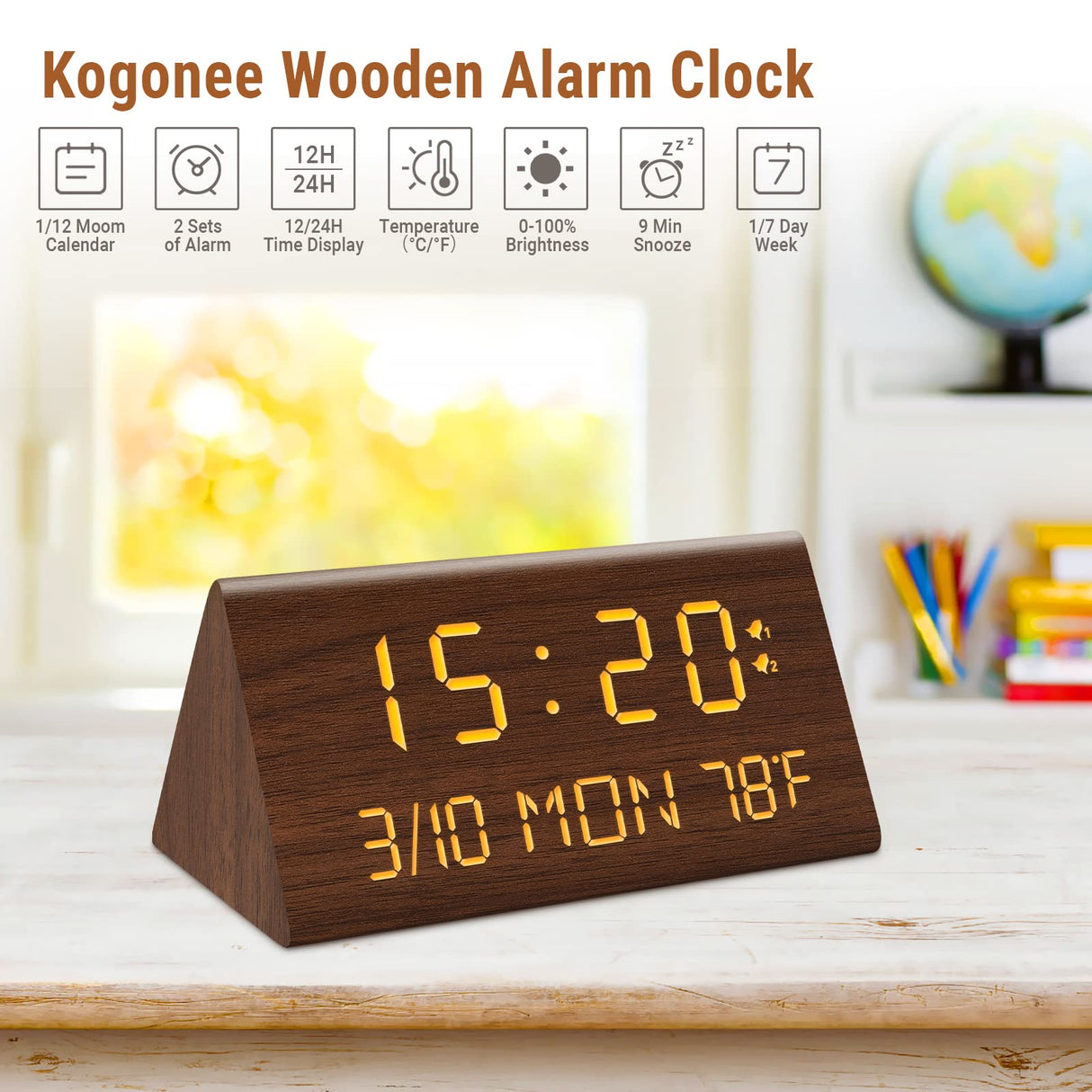 Kogonee Wooden Digital Alarm Clock, 0-100% Dimmer, 2 Alarm Settings, Weekday/Everyday Mode, 9 Mins Snooze, 12/24H, Temperature and Date Display for Office, Travel, Bedroom Alarm Clock (Brown) Kogonee